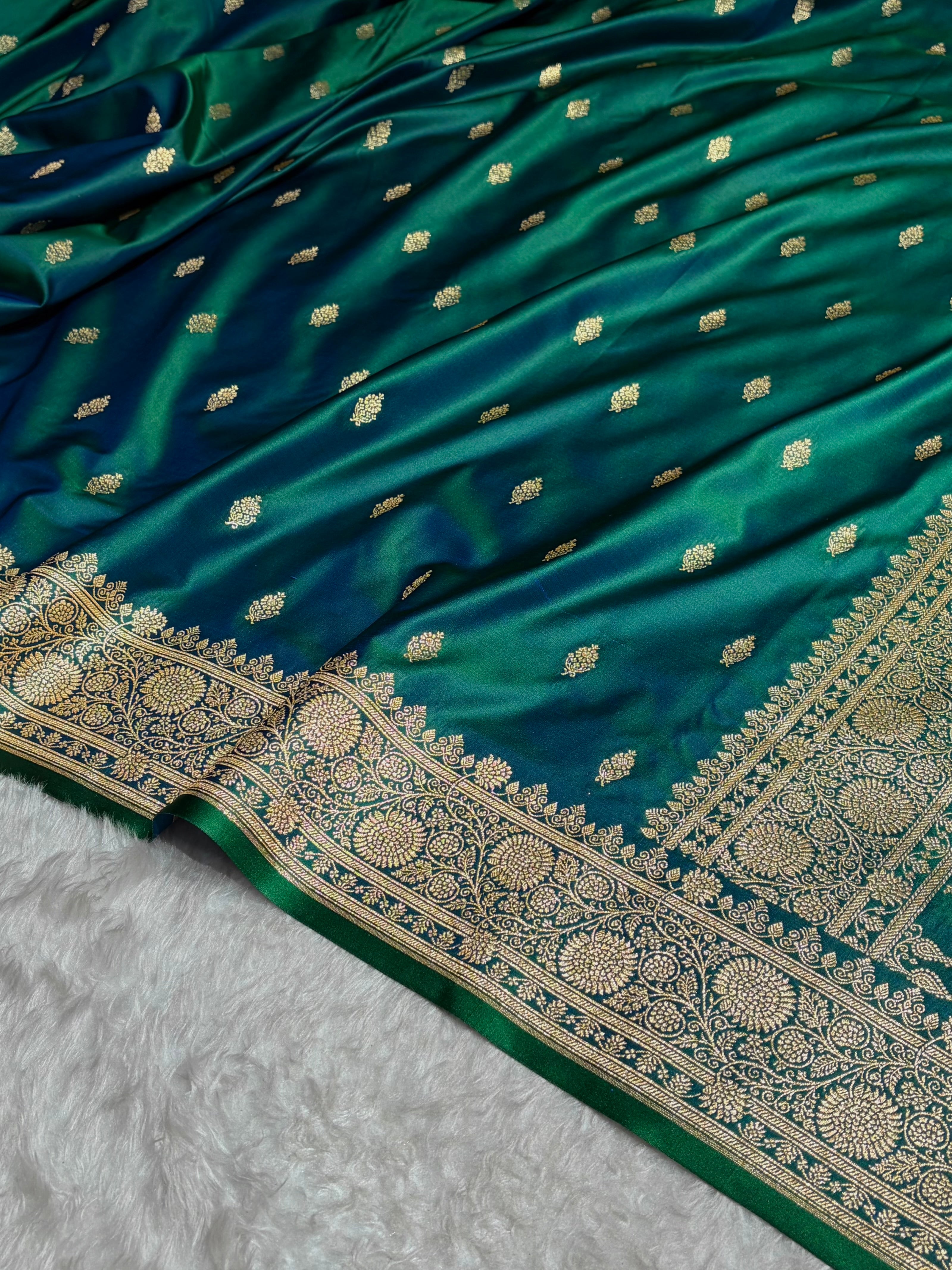 Banarasi Satin Katan Saree in Cross Green Shades SK82