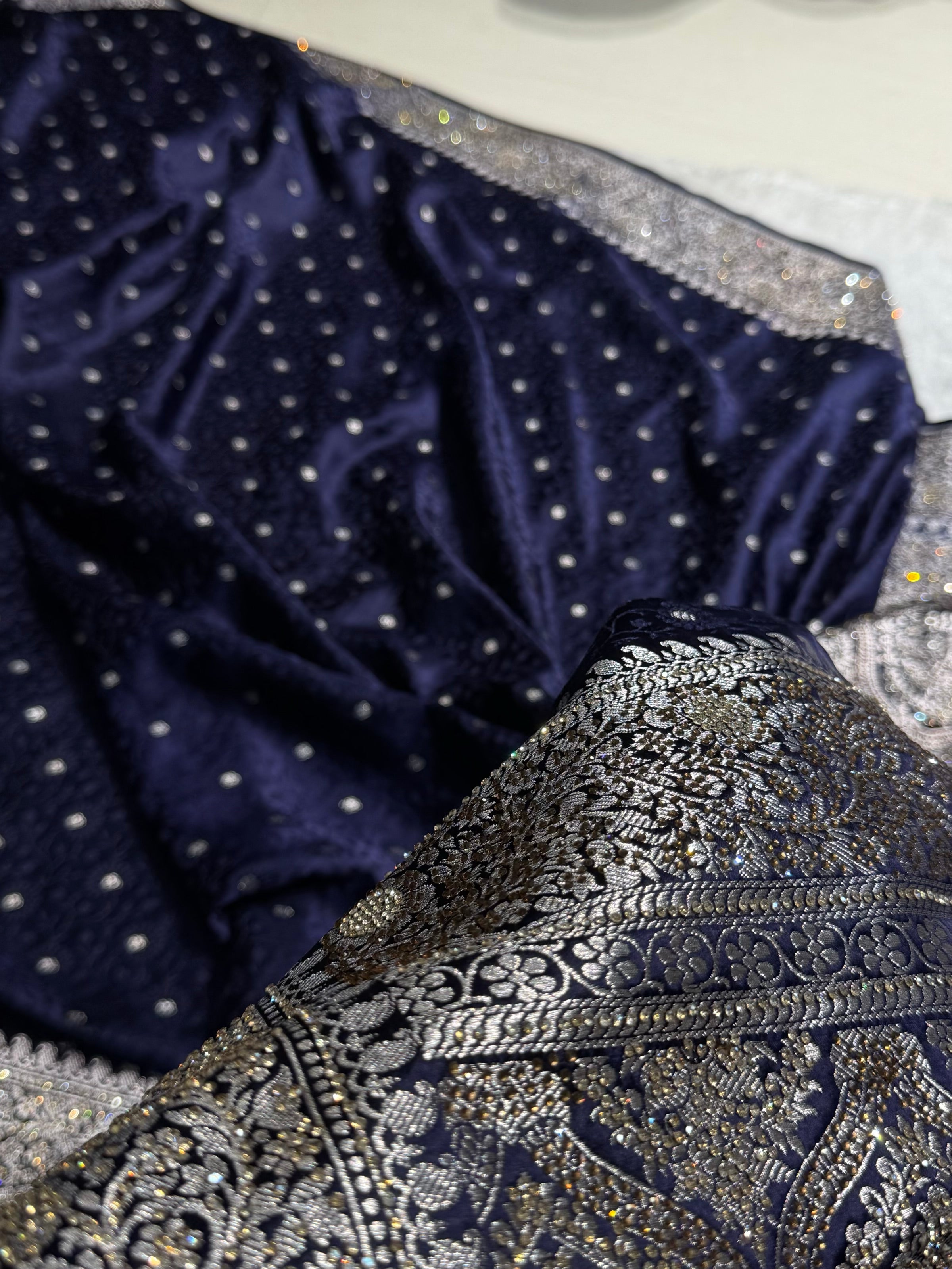 Navy Blue Shades Booti Tanchoi With White Swarovski Work Mashru Silk Saree BMS49
