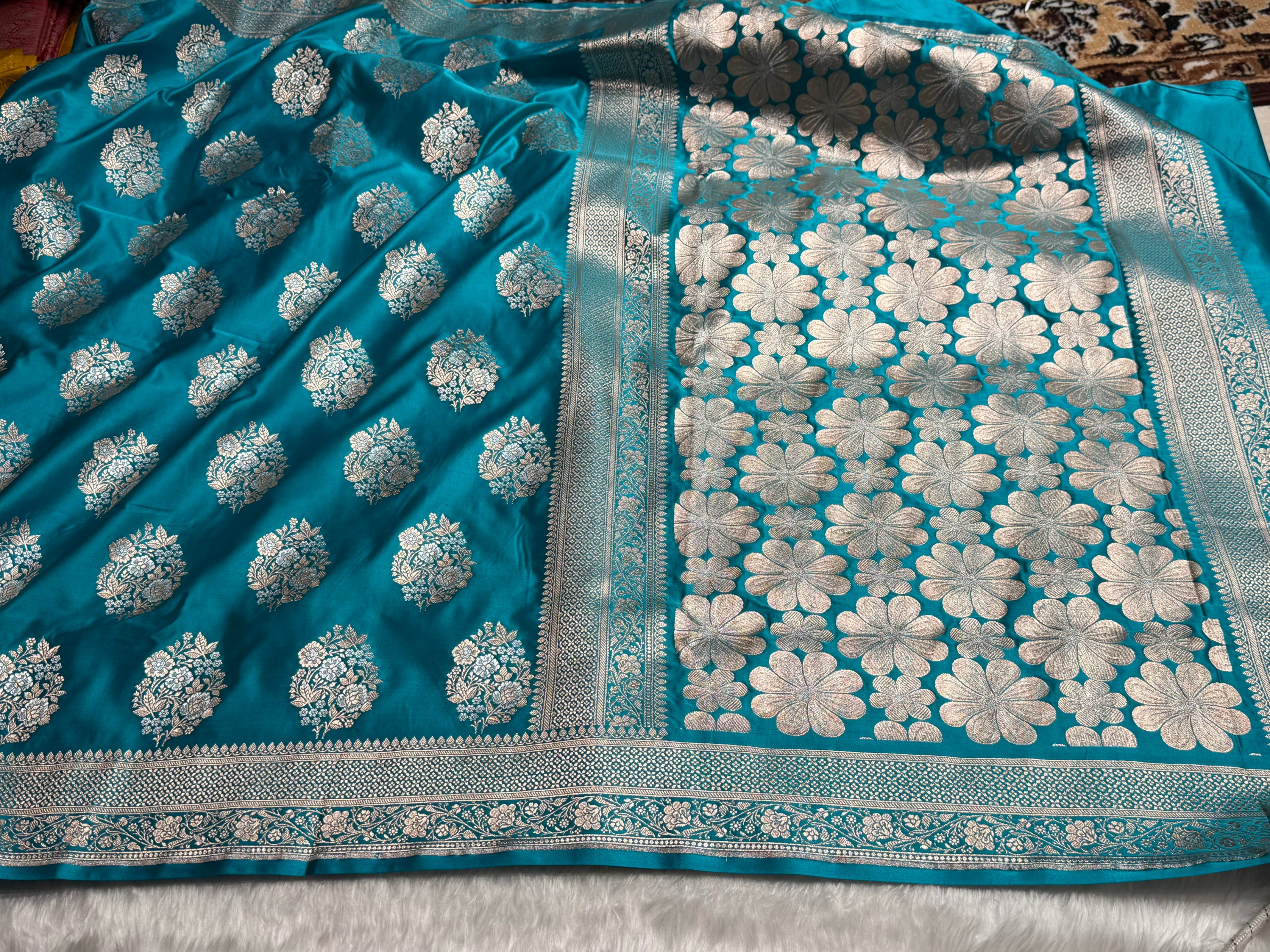 Premium Banarasi Satin Katan Saree With Minakari Boota in Rama Shades SK93
