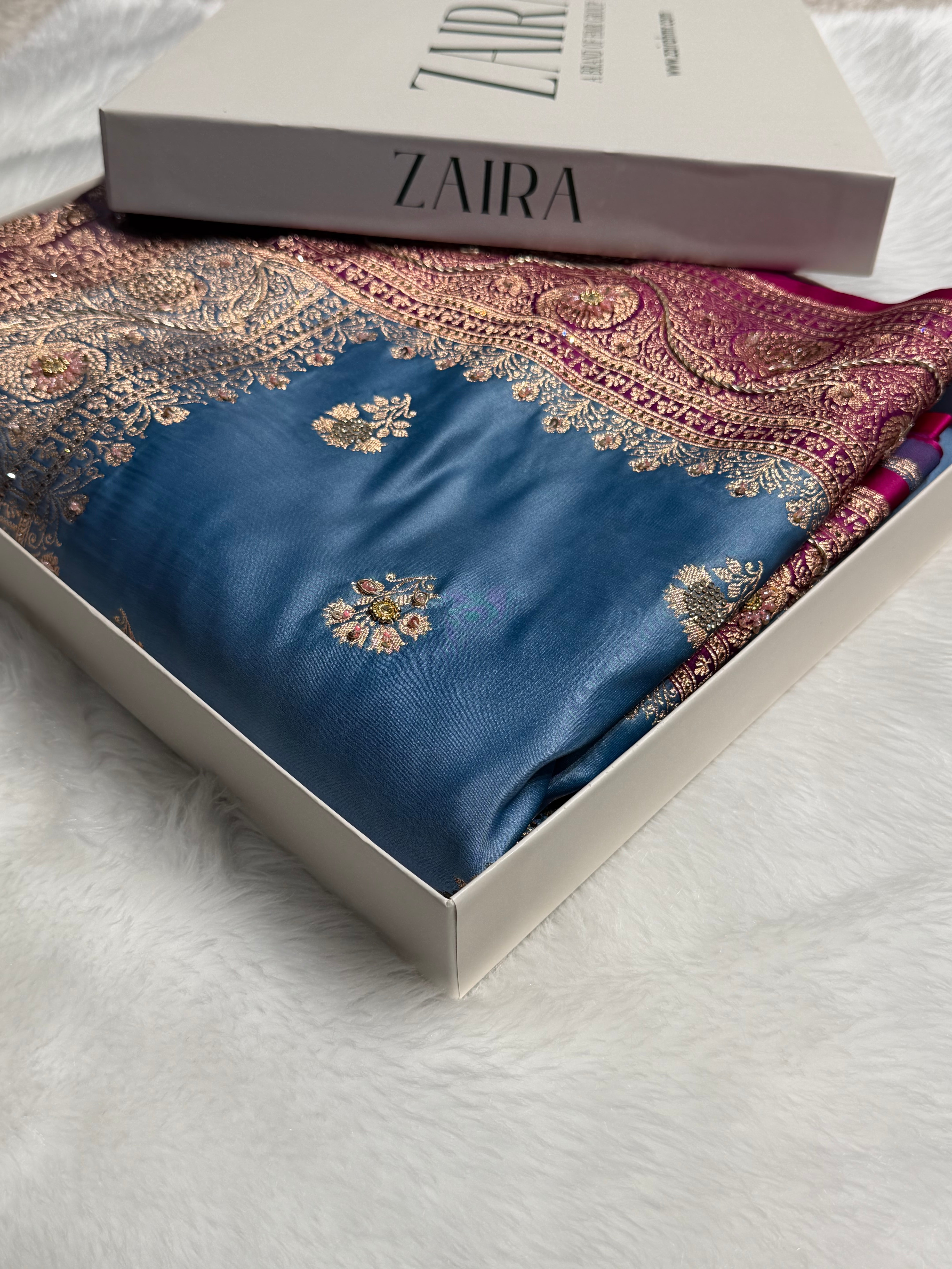 Dusty Blue - Rani Banarasi Boota With Zardozi & Swarovski Work Katan Silk Saree BSKM29
