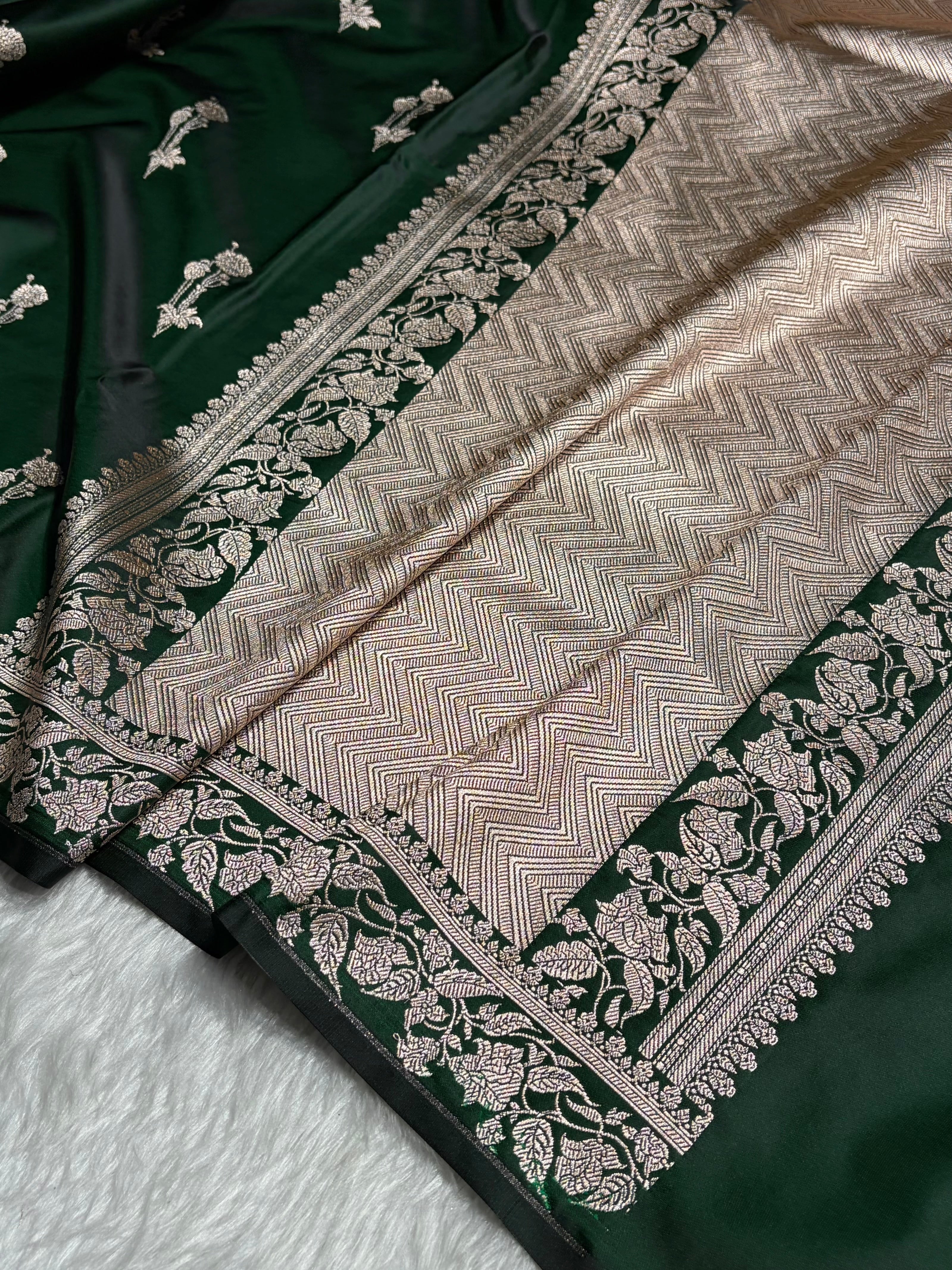 Dark Bottle Green Boota With Floral Border Mashru Silk Saree MSM-92