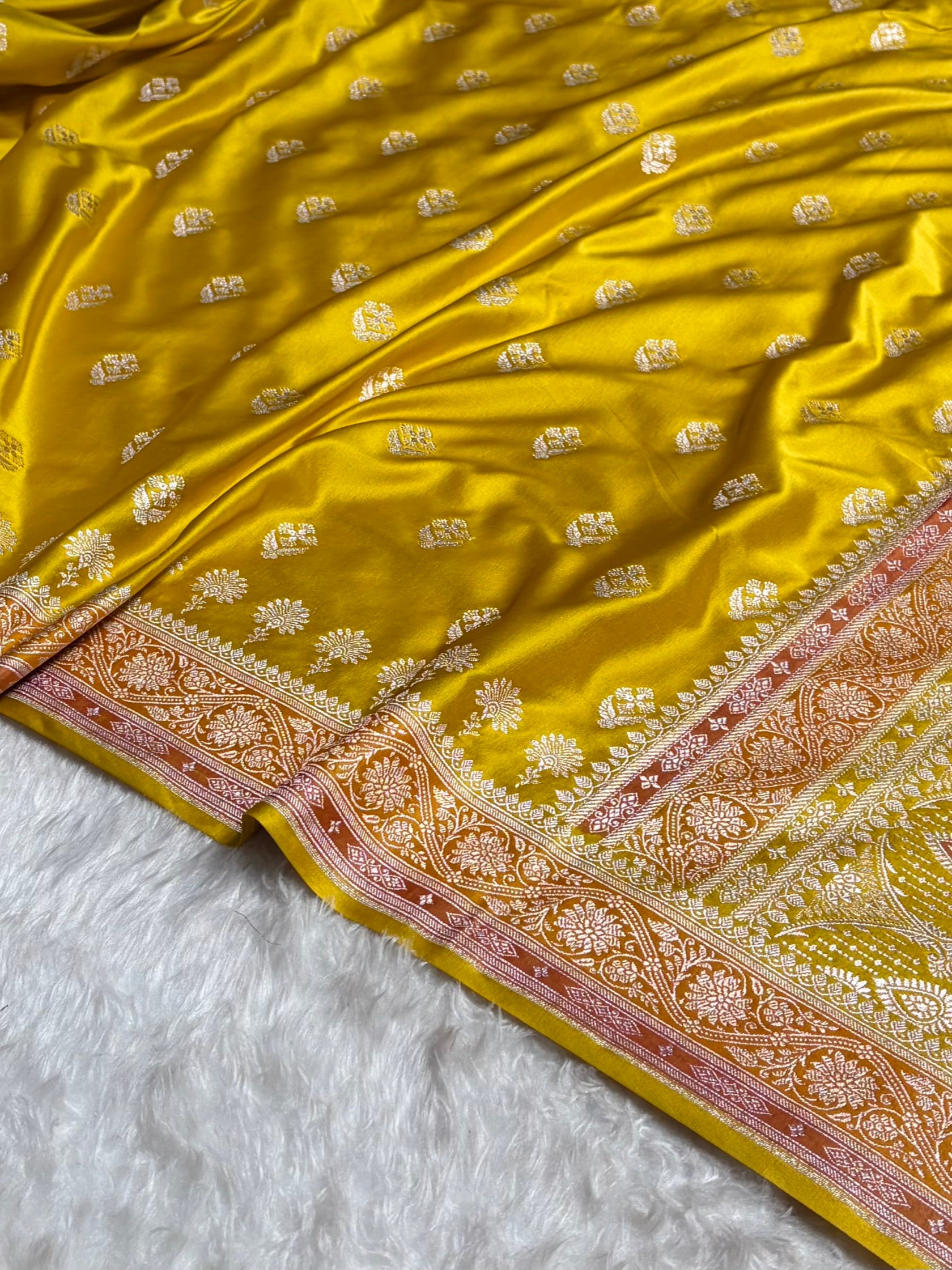 Mustard Shades Banarasi Minakari Floral Border Boota Mashru Silk Saree MS66