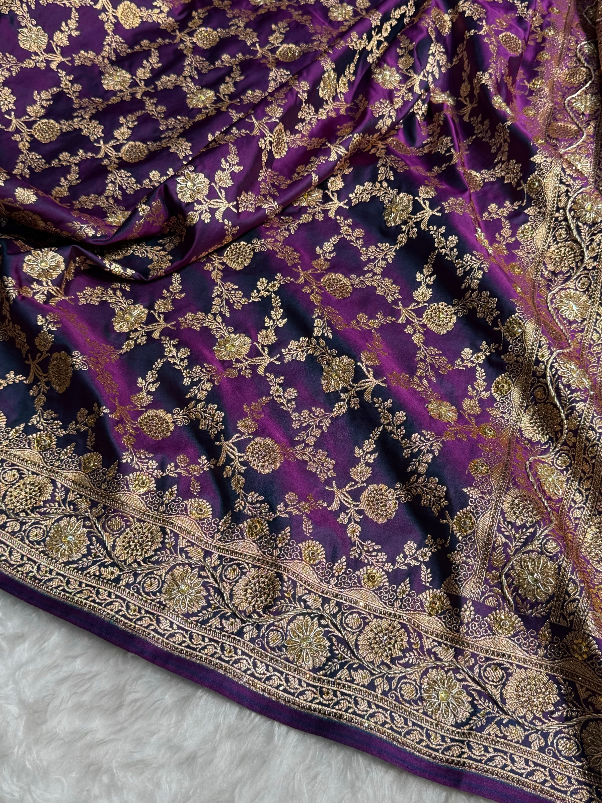 Wine Shades Jaal Floral Pattern With Zardozi And Swarovski Stone Work Satin Katan Silk Saree BSK80