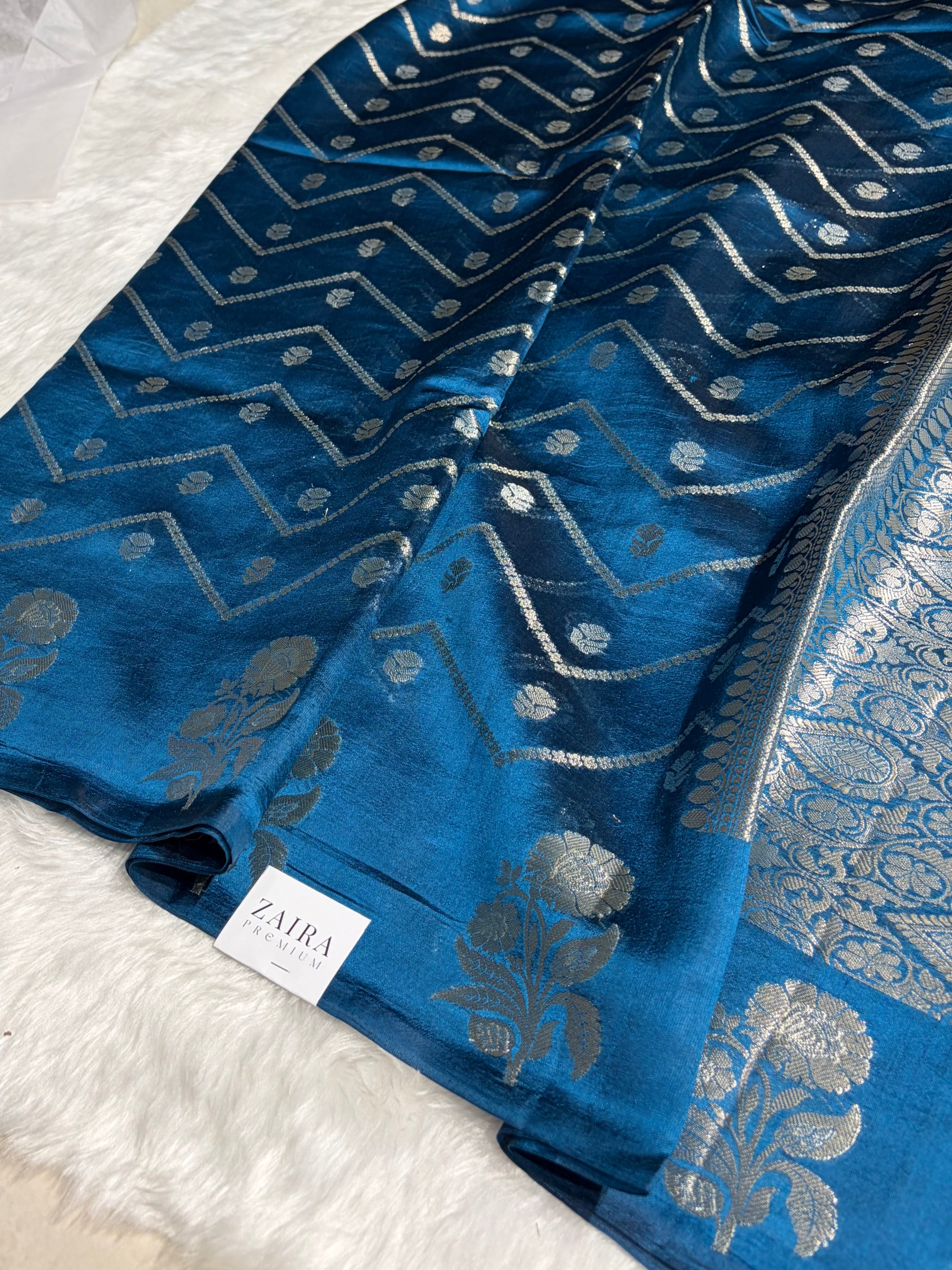 German Blue Meena Boota Caramel Silk Saree CS-03