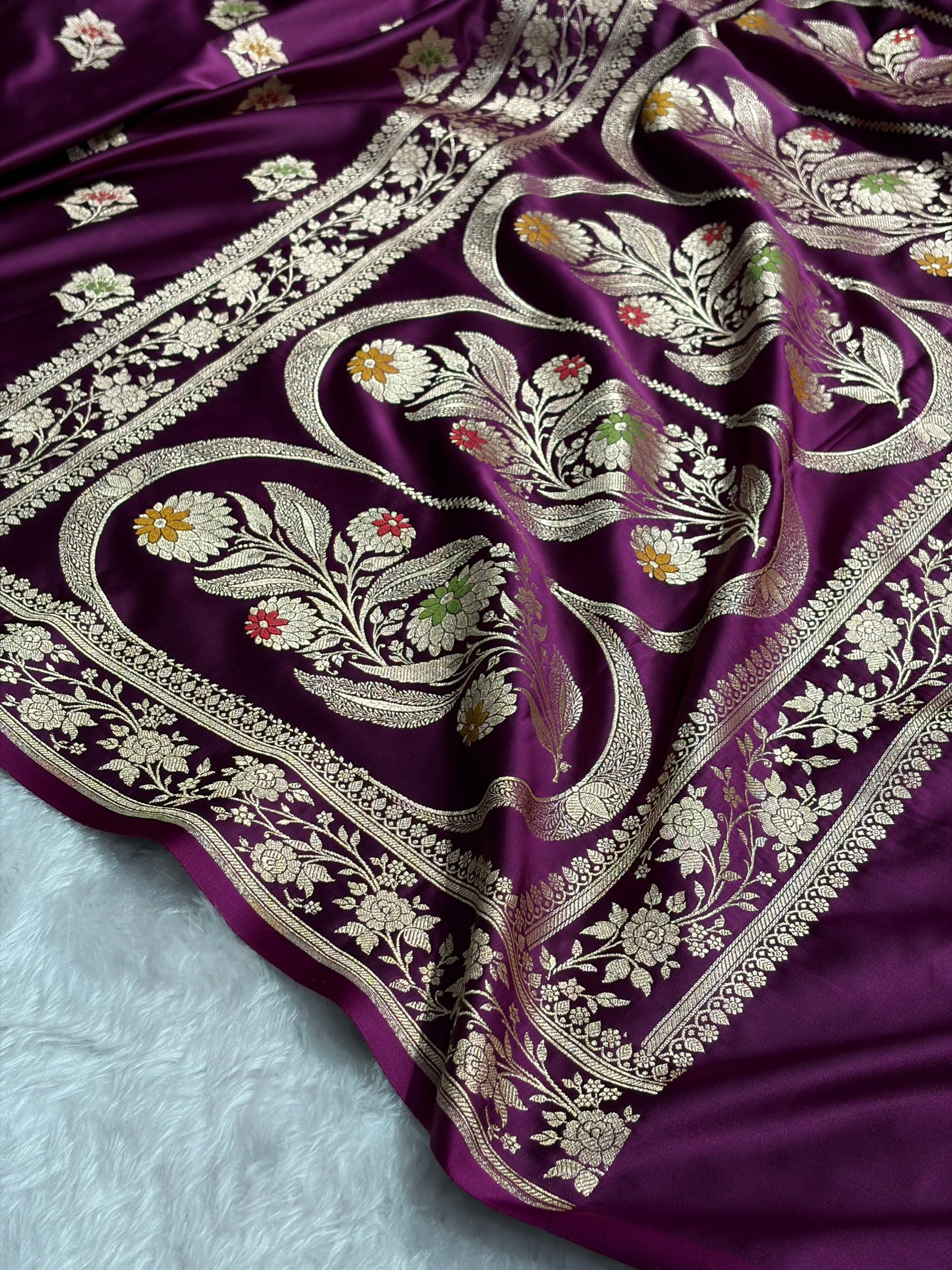 Premium Banarasi Satin Katan Saree With Minakari Boota in Wine Shades SK112
