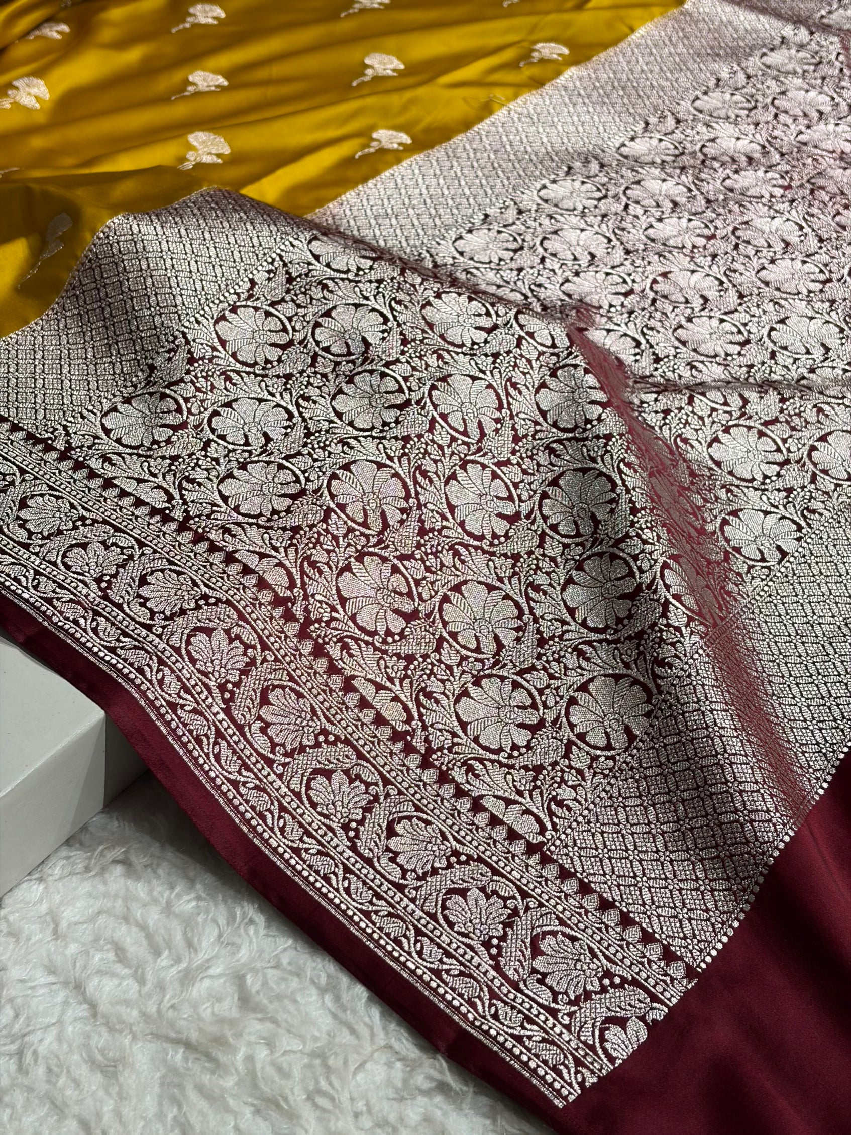 Contrast Mustard With Garnet Shades Minakari Boota Mashru Silk Saree MS51