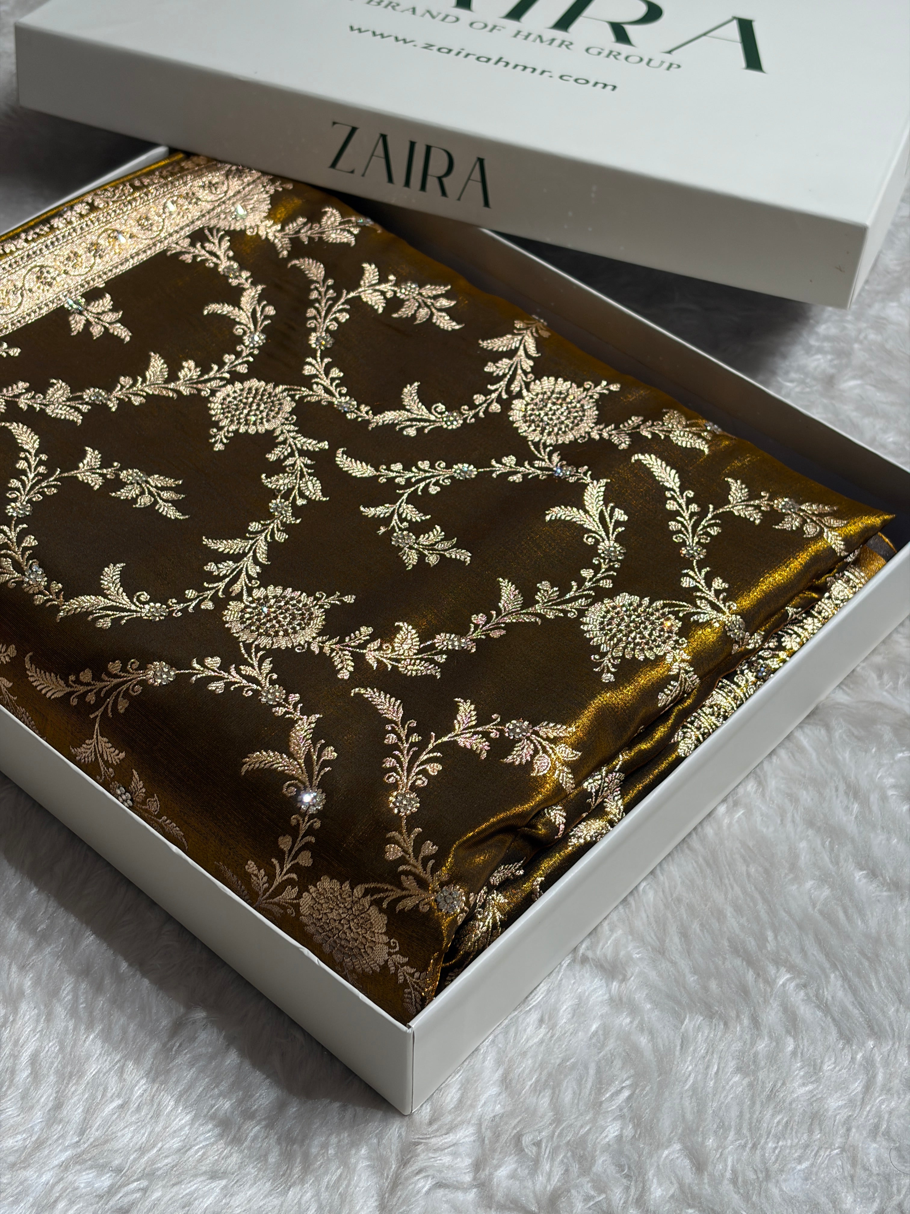 Light Weight Mehndi Gold Satin Silk Saree with Swarovski work BSS14