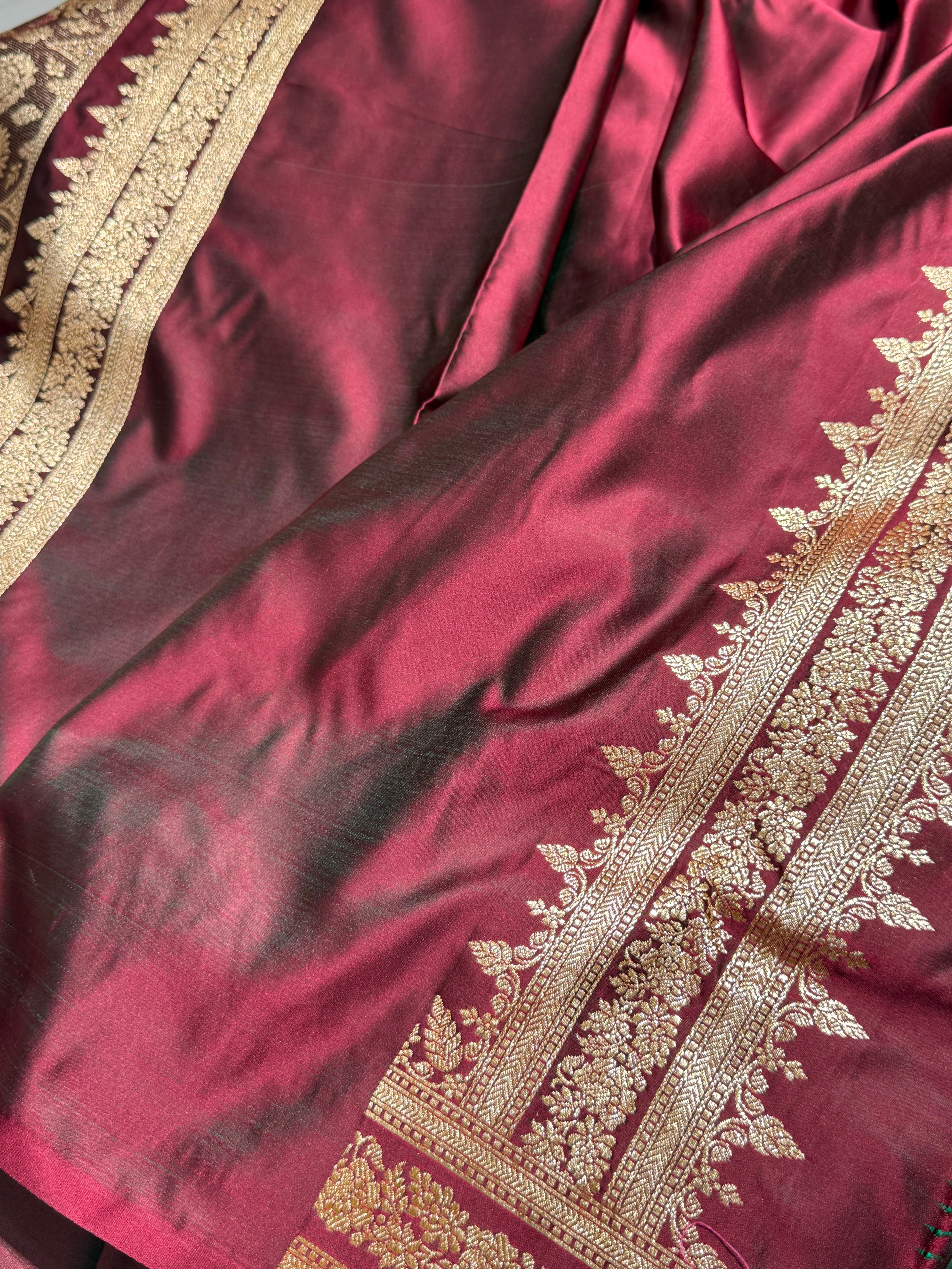 Premium Cross Maroon Banarasi Booti Katan Silk Saree