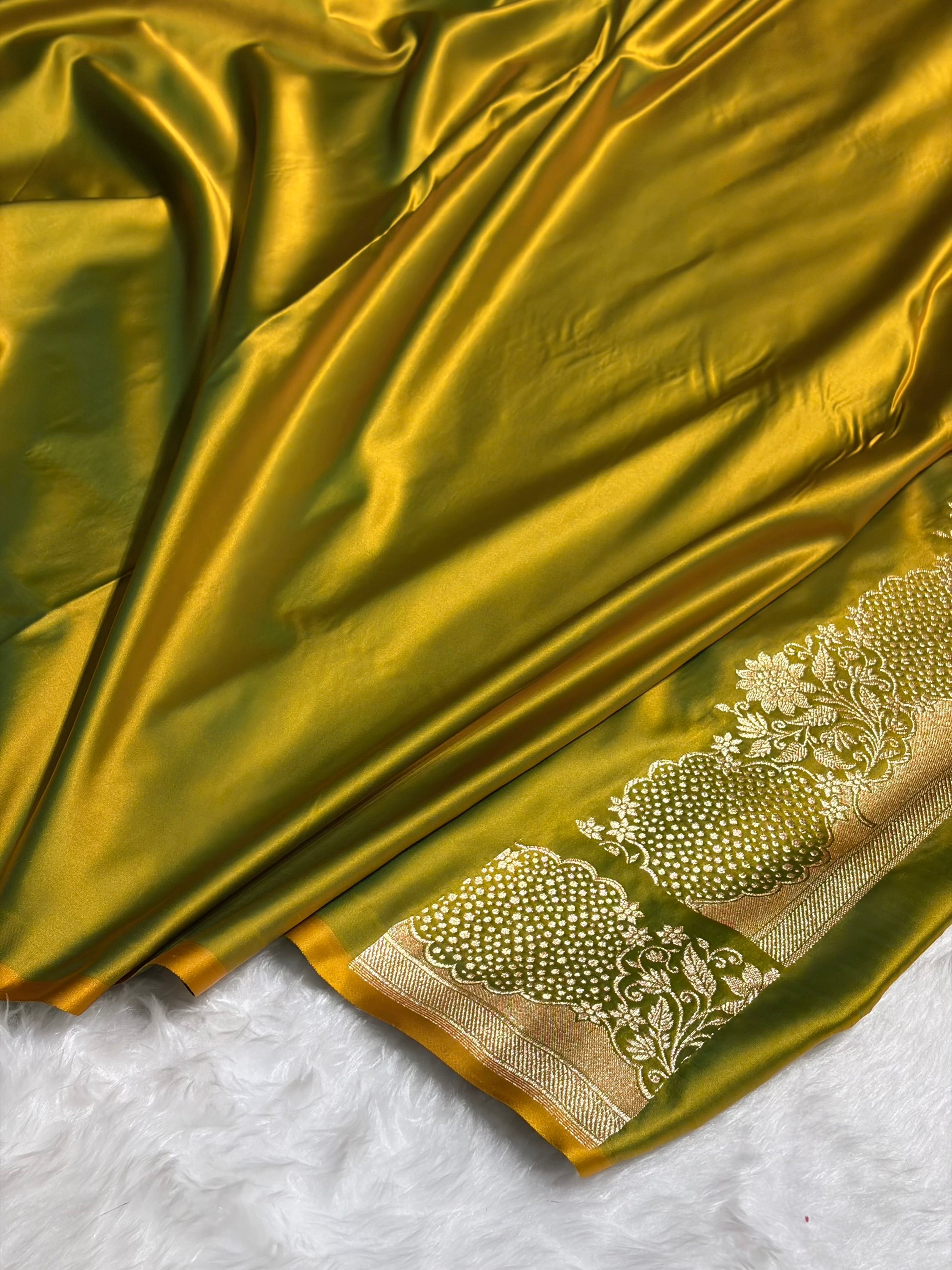 Mehendi Green Unique Boota Pattern Satin Katan Silk Saree SK70