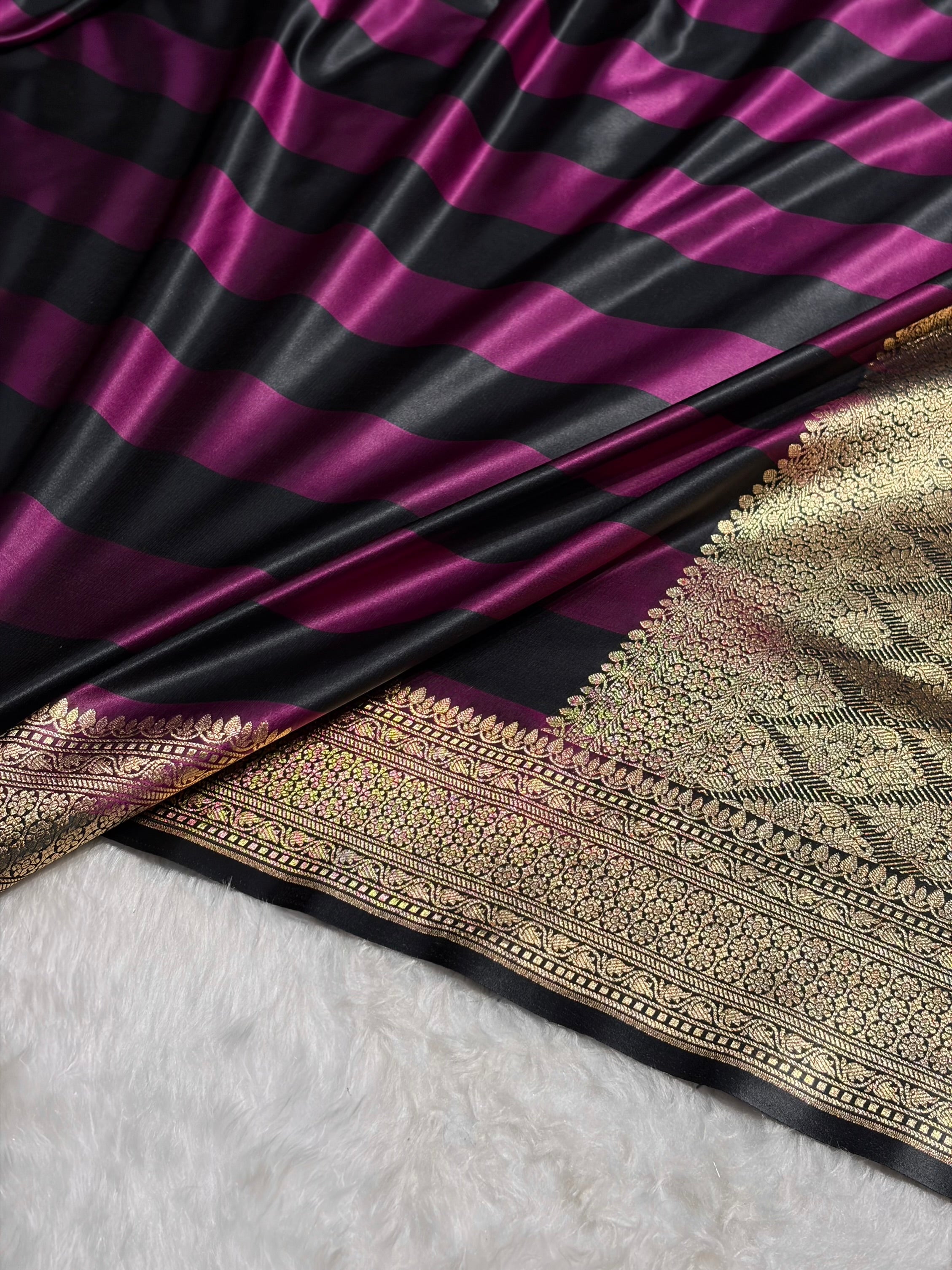 Wine With Black Horizontal Strips Floral Border & Brocket Blouse Mashru Silk Saree MSM-84