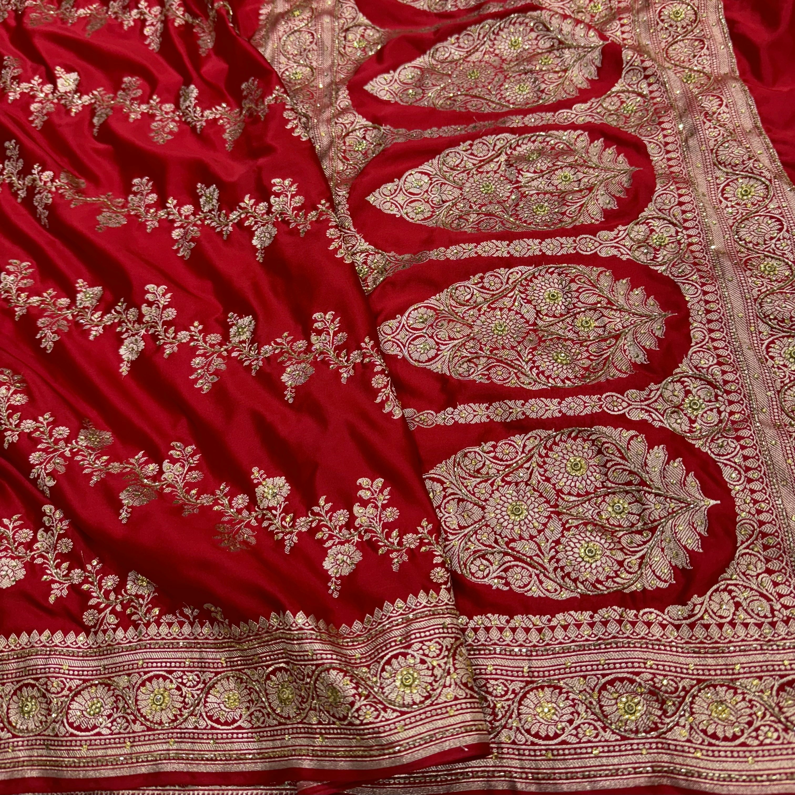 Bridal Red Mashru Silk with Ari and Stone