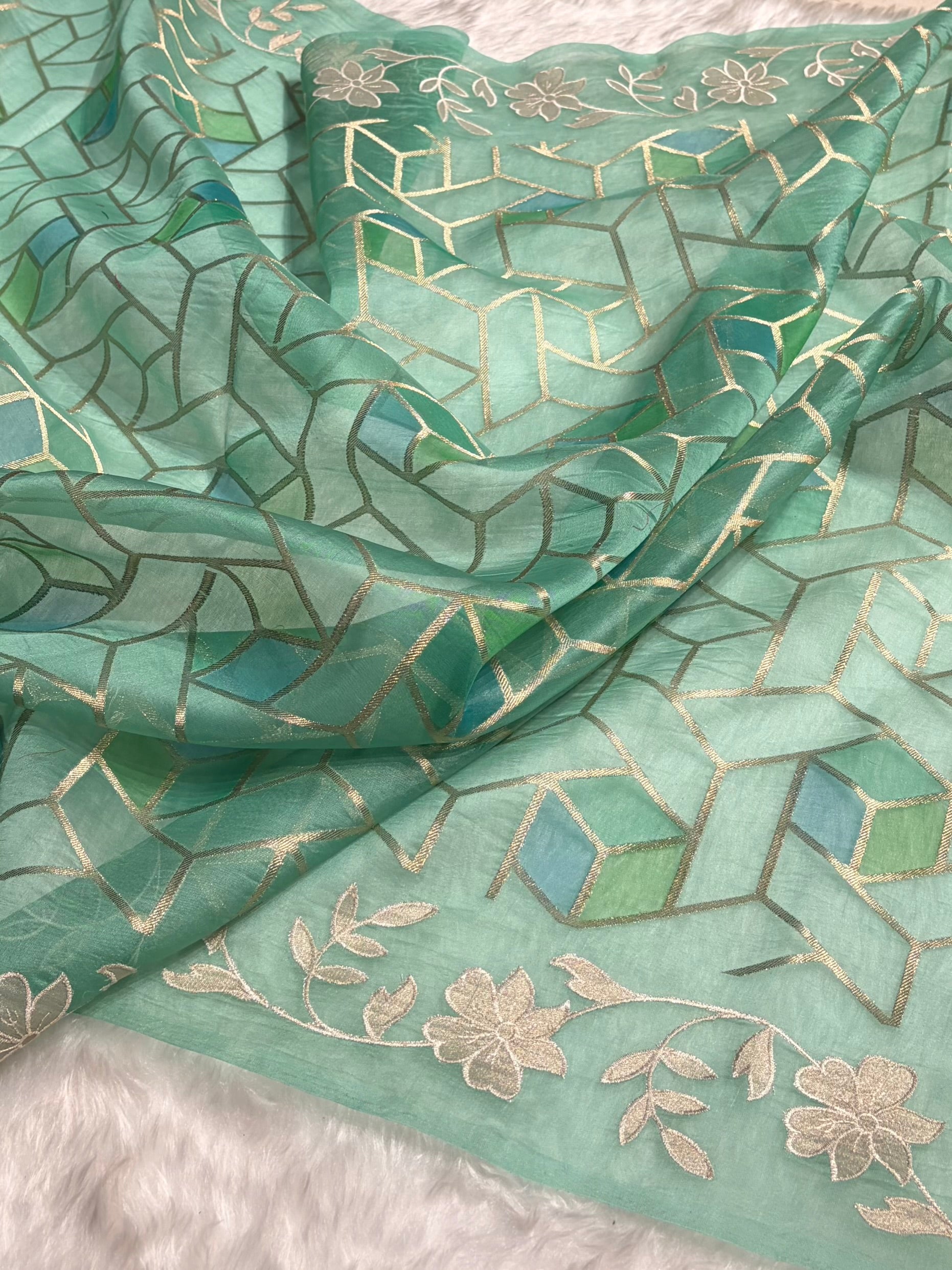 Pure Organza Rangkat Turquoise Floral Border Banarasi Silk Saree PO-07