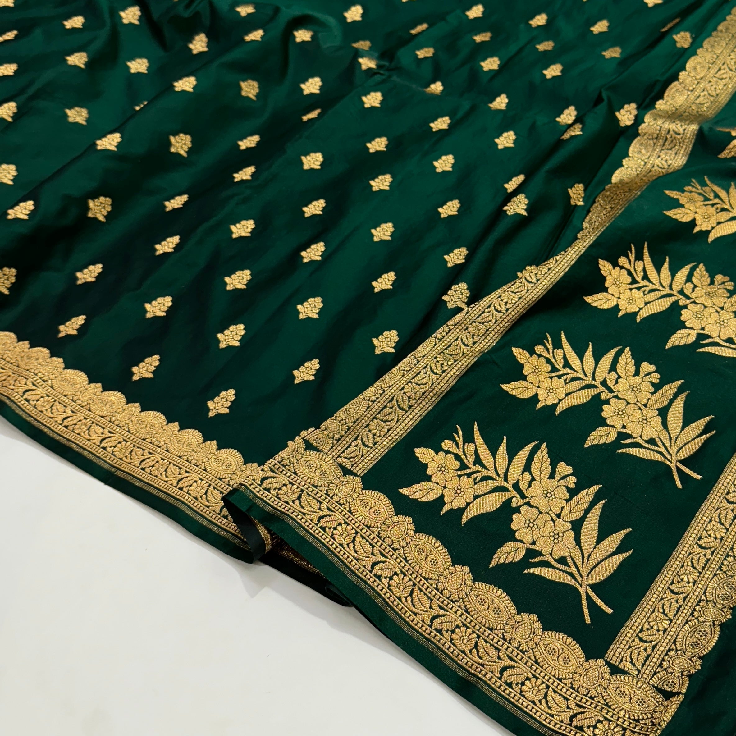 Light Wight Satin Silk Boota in Bottle Green with brocade Blouse SS07