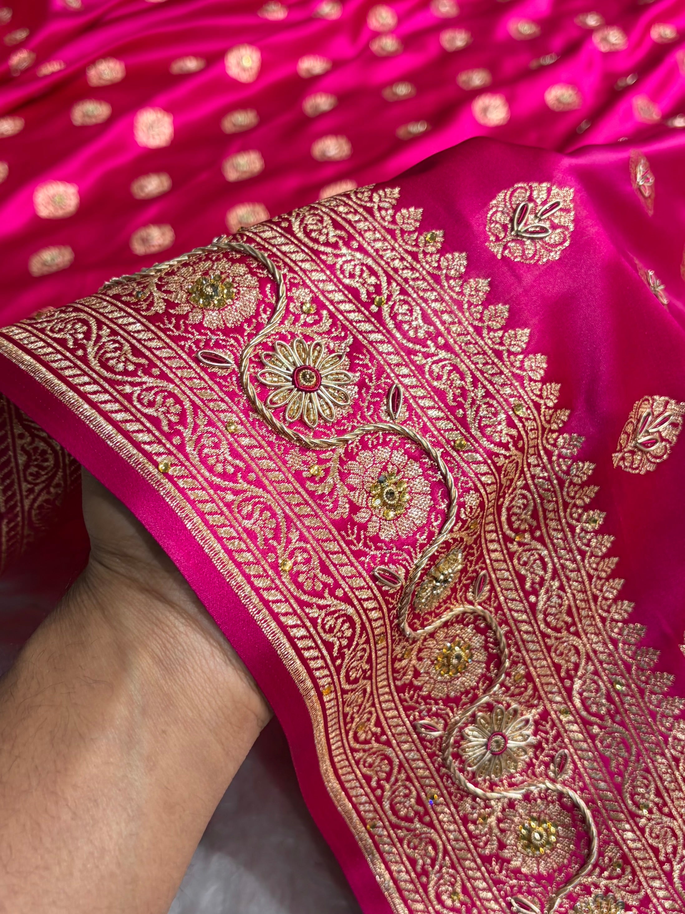 Banarasi Boota Katan Silk Saree In Rani Shades With Ari Zardozi Work BSK02