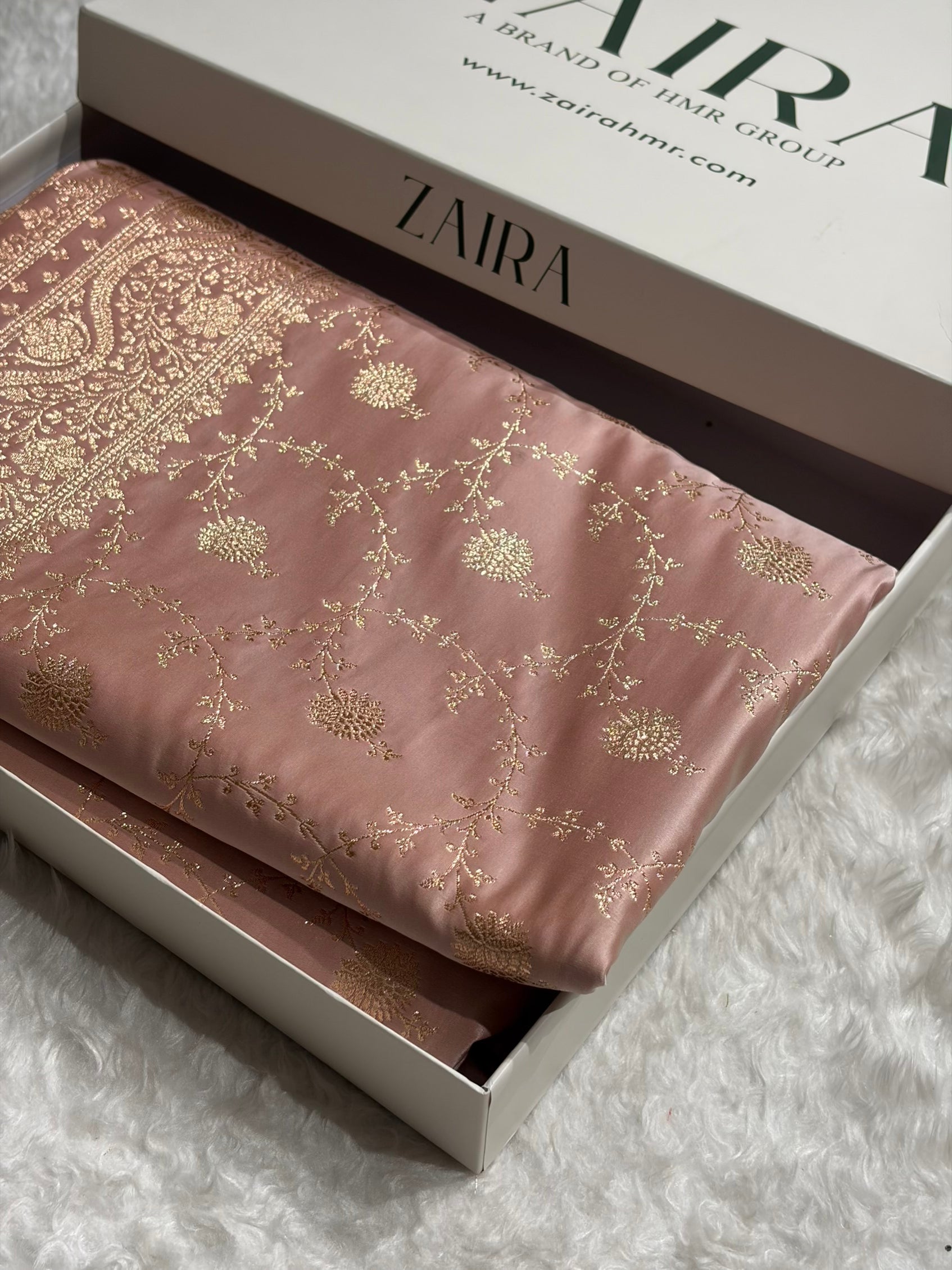 Rose Gold Floral Booti Banarasi Satin Katan Silk Saree SK15