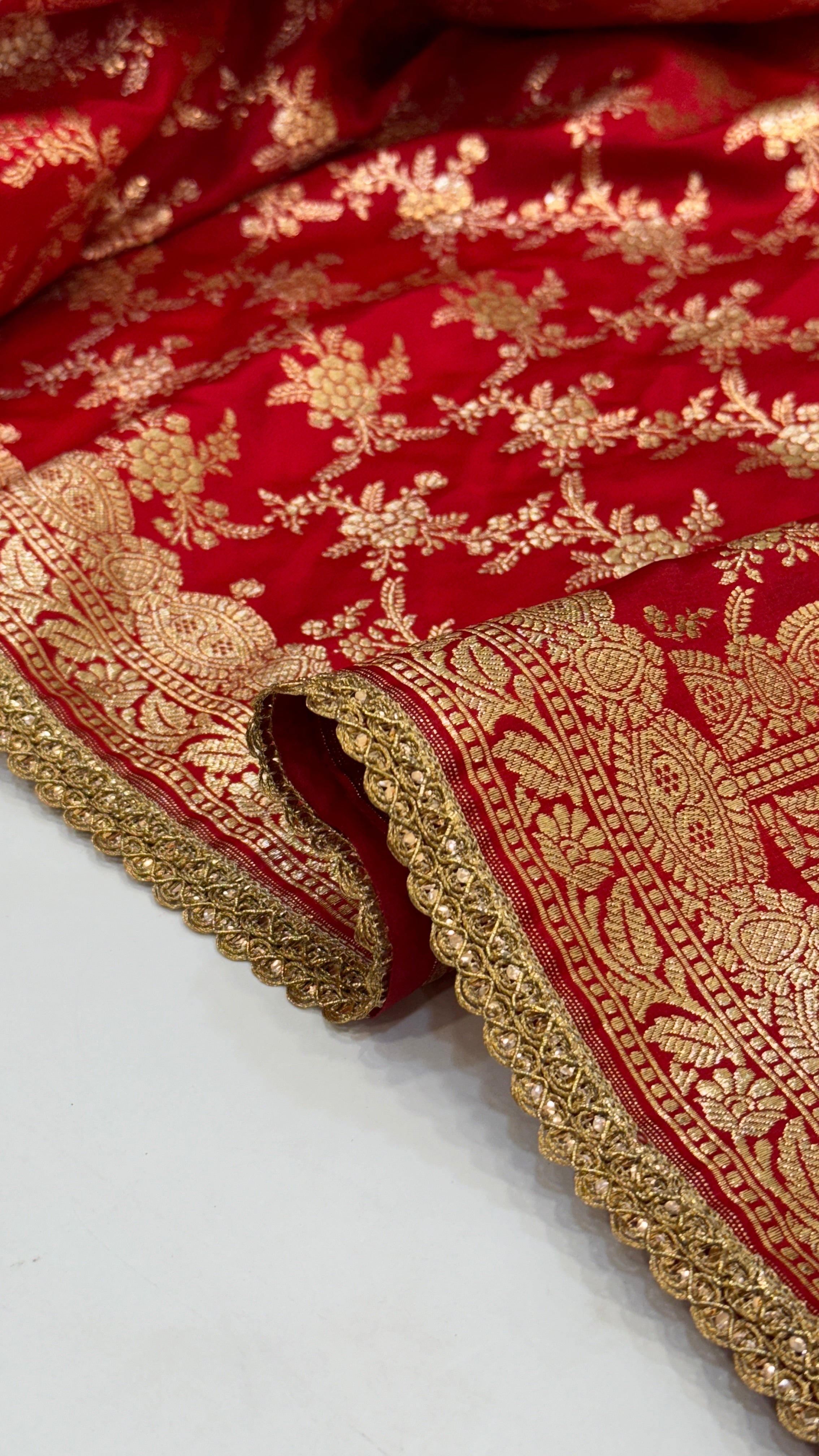 Bridal Red Satin Silk Jaal with brocade Blouse and GOTTA PATTI