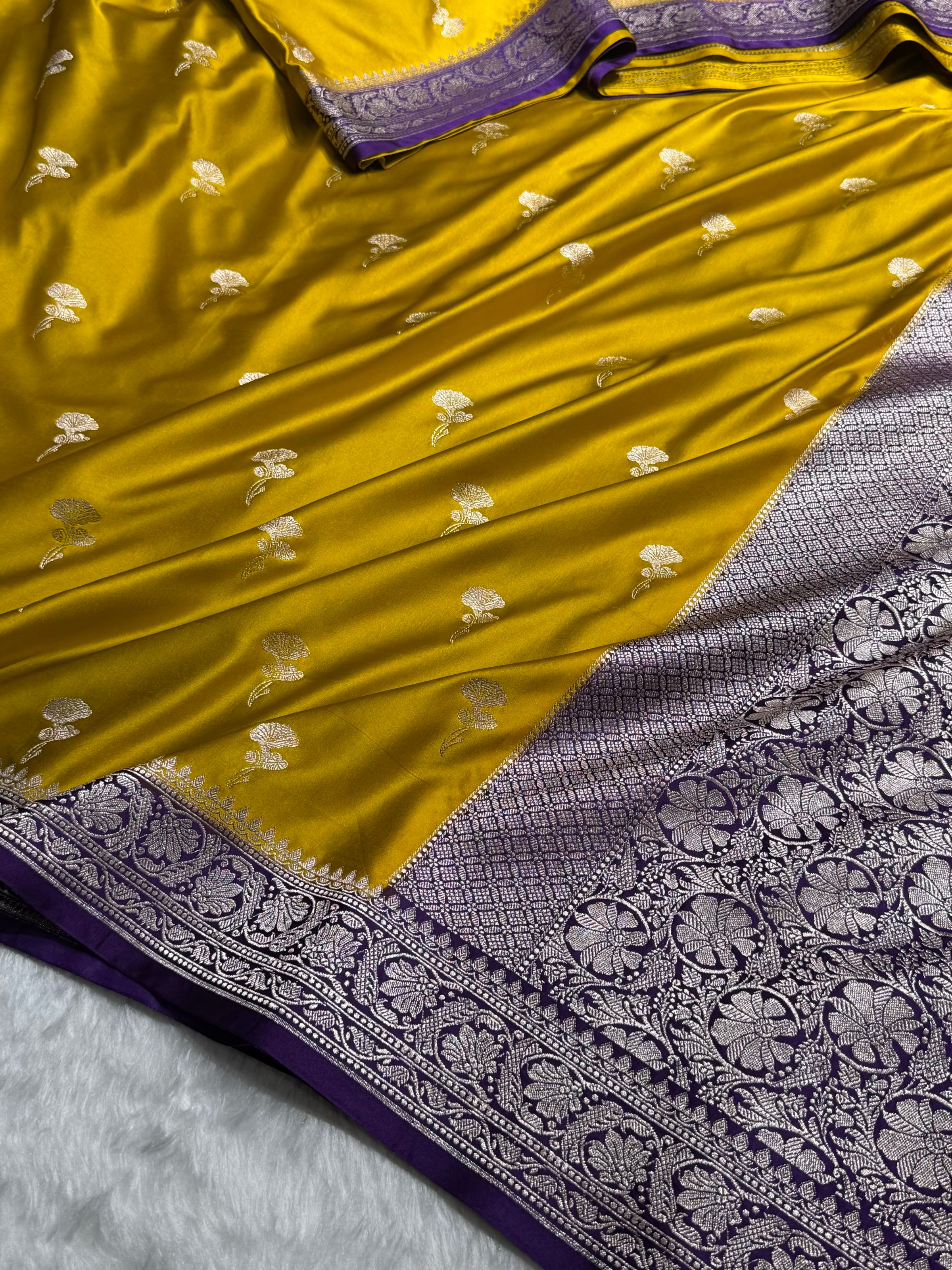 Contrast Mustard With Dark Purple Shades Minakari Boota Mashru Silk Saree