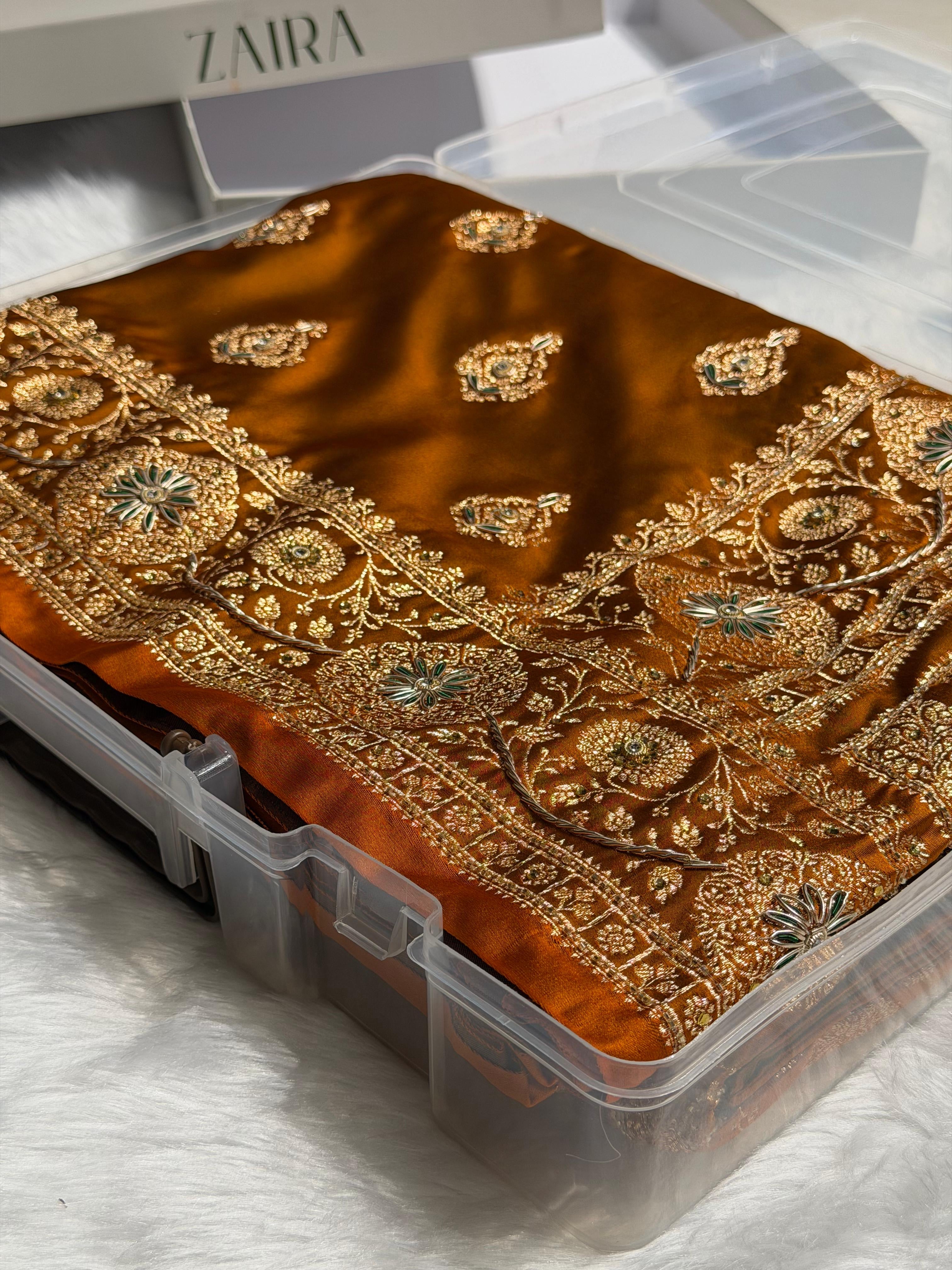 Banarasi Satin Katan Saree With Aari Zardozi Work Boota in Rust Shades BSK98