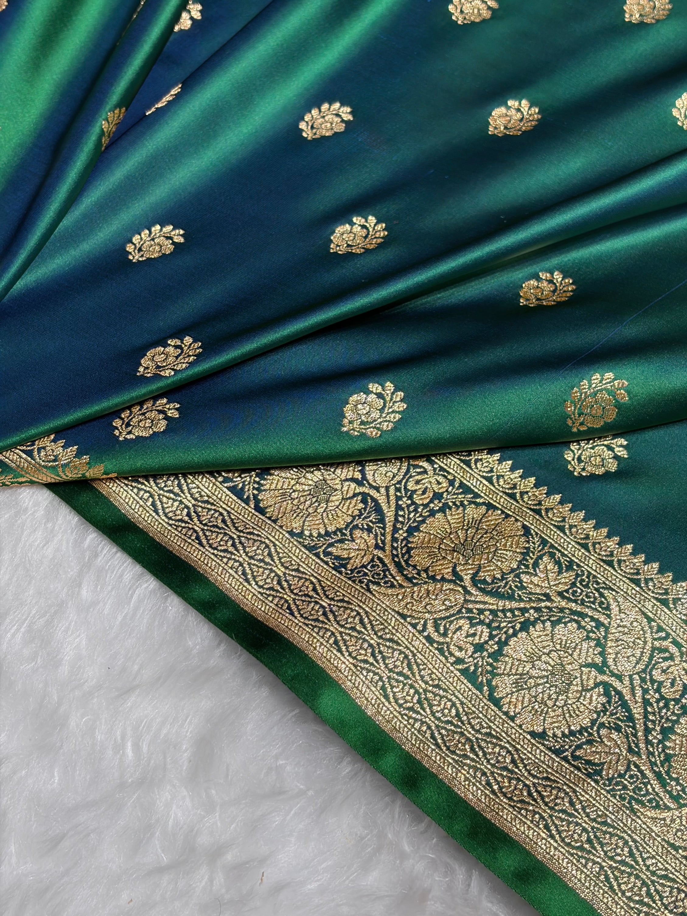 Cross Green Floral Boota Pattern Satin Katan Silk Saree SK72