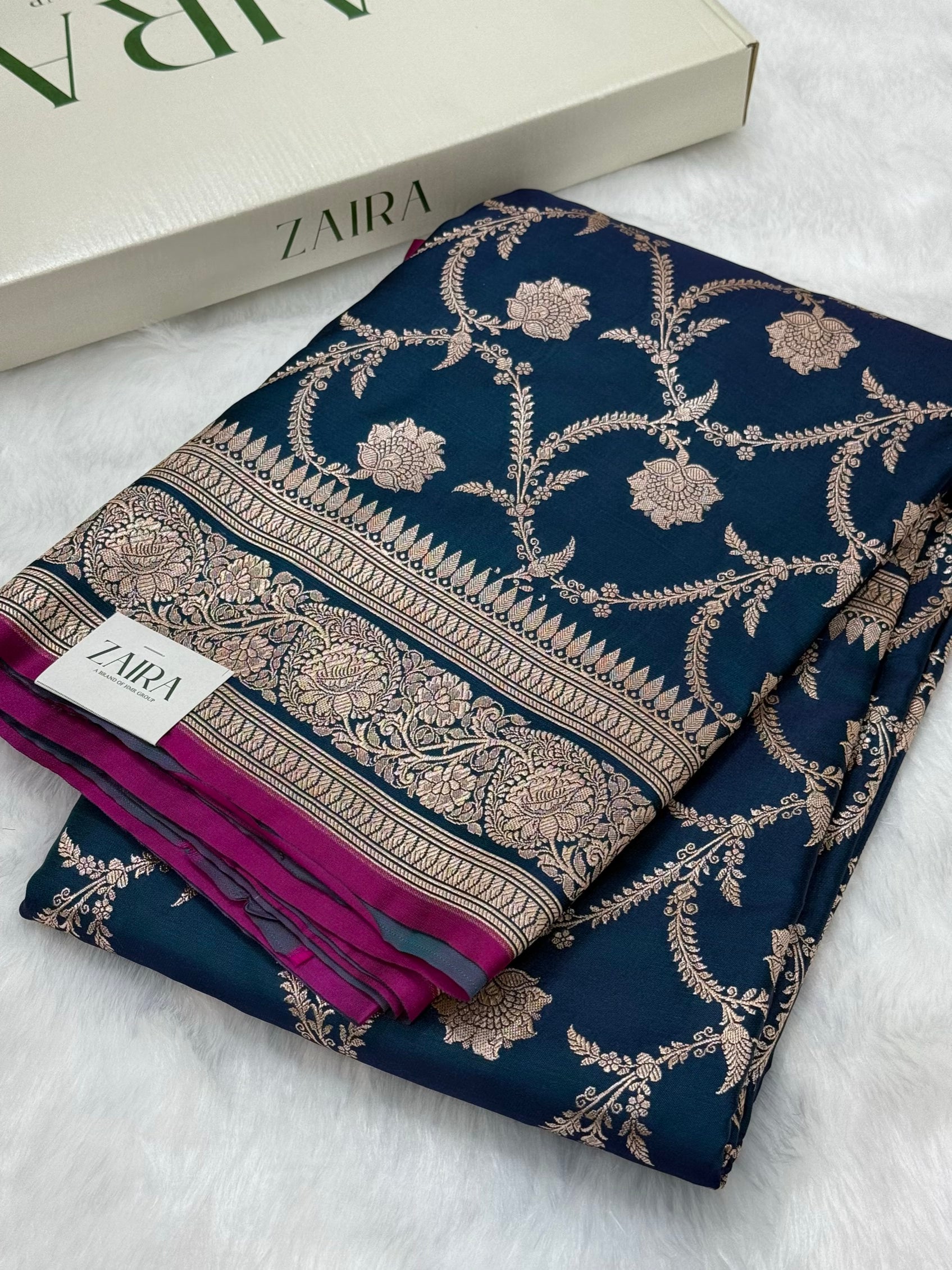 German Blue Jaal Pattern Mashru Silk Saree