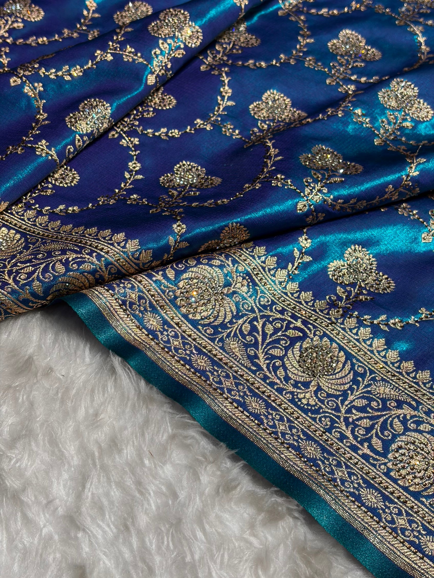 Satin Silk Saree Swarovski Work Jaal in Peacock Blue Shades BSS23 (R)