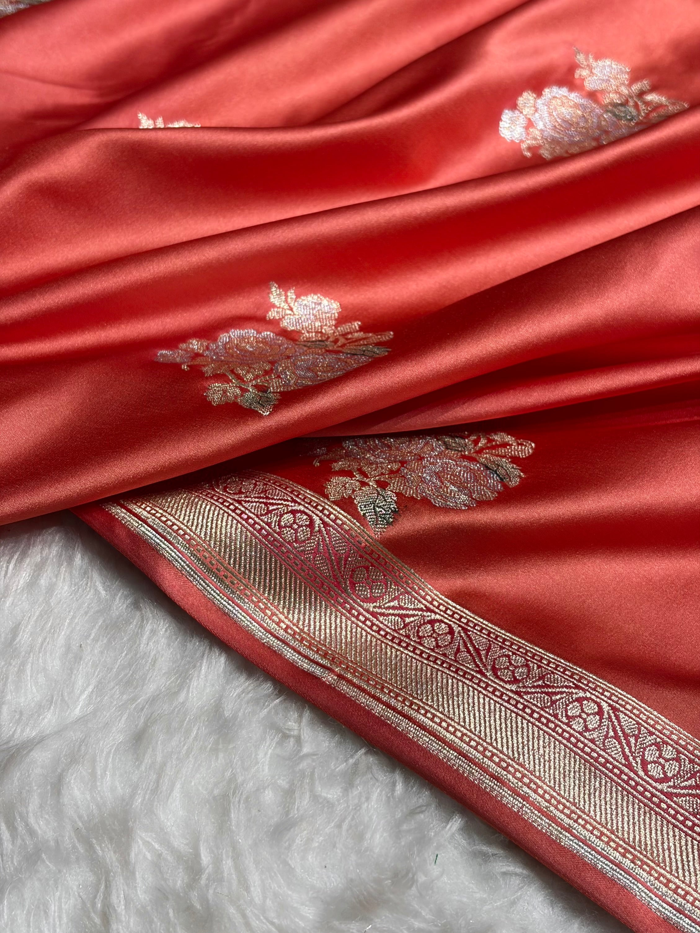 Strawberry Sona Rupa Minakari Floral Motif Mashru Silk Saree MS50