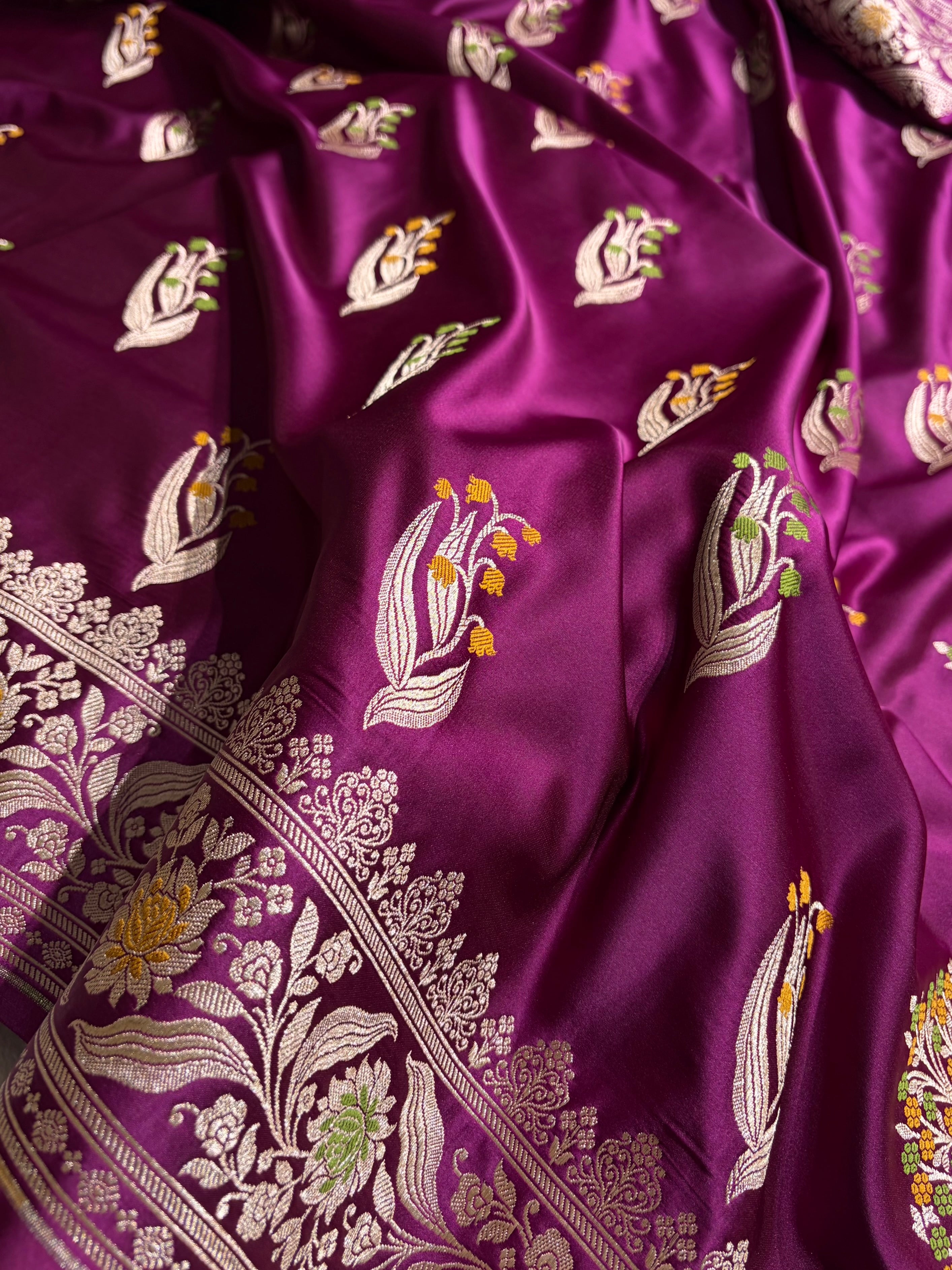 Wine Shades Banarasi Boota Pattern Minakari Floral Mashru Silk Saree MSM-121