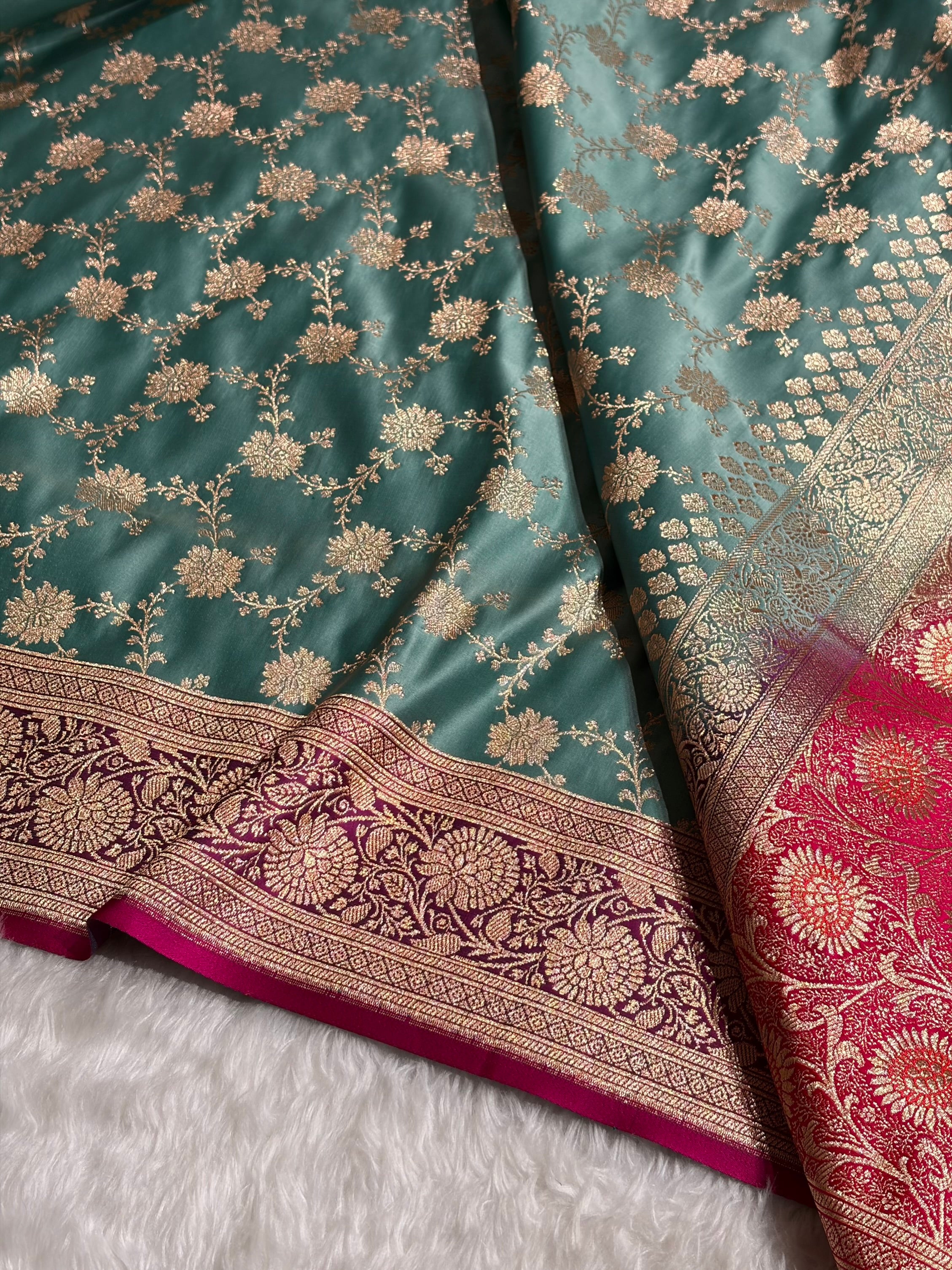 Banarasi Satin Katan Saree Contrast Rama / Rani Shades SK132