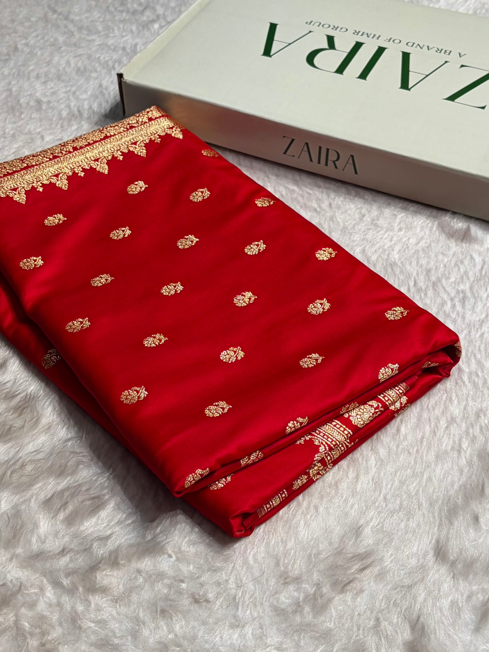 Red Floral Pattern Satin Katan Silk Saree SK76