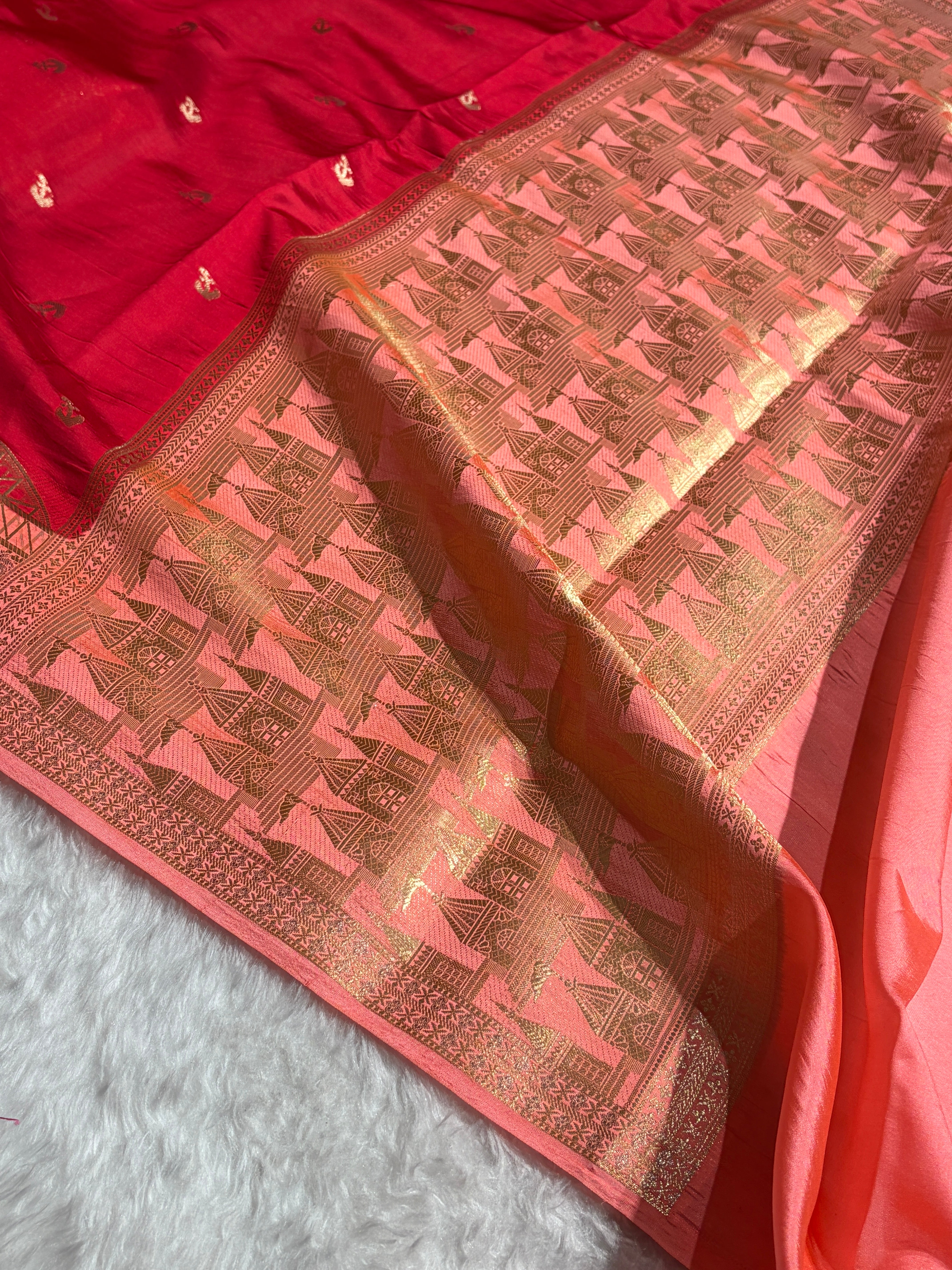 Banarasi Red With Peach Contrast Shade Flower Boota Pure Caramel Mango Silk Saree CS-18