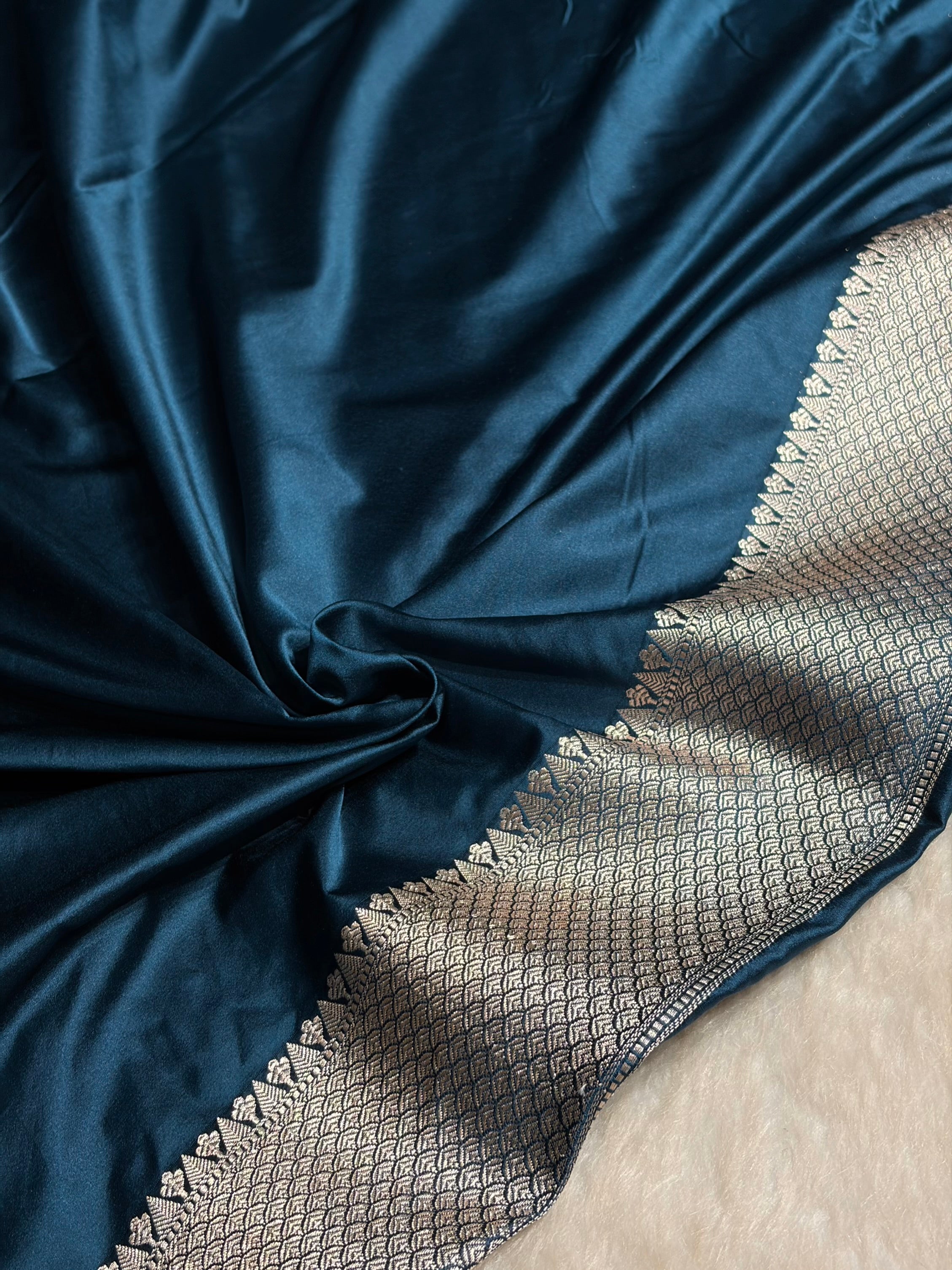 German Blue Floral Border Booti Mashru Silk Saree MS11