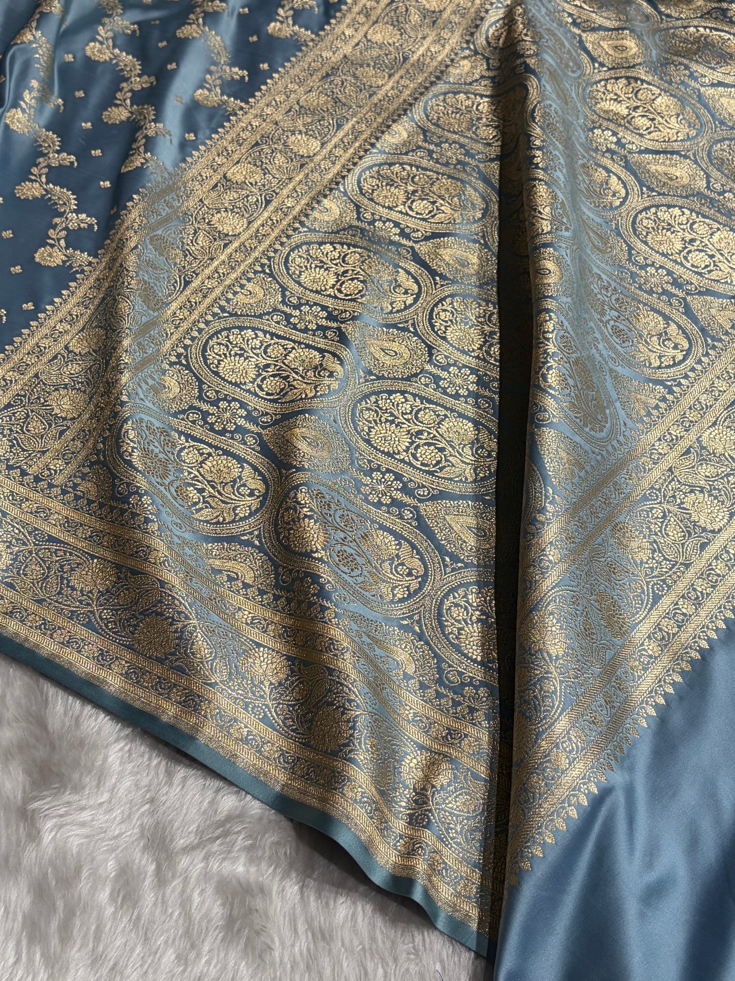 Banarasi Satin Katan Saree With Jaal Pattern in Sky Blue Shades SK121