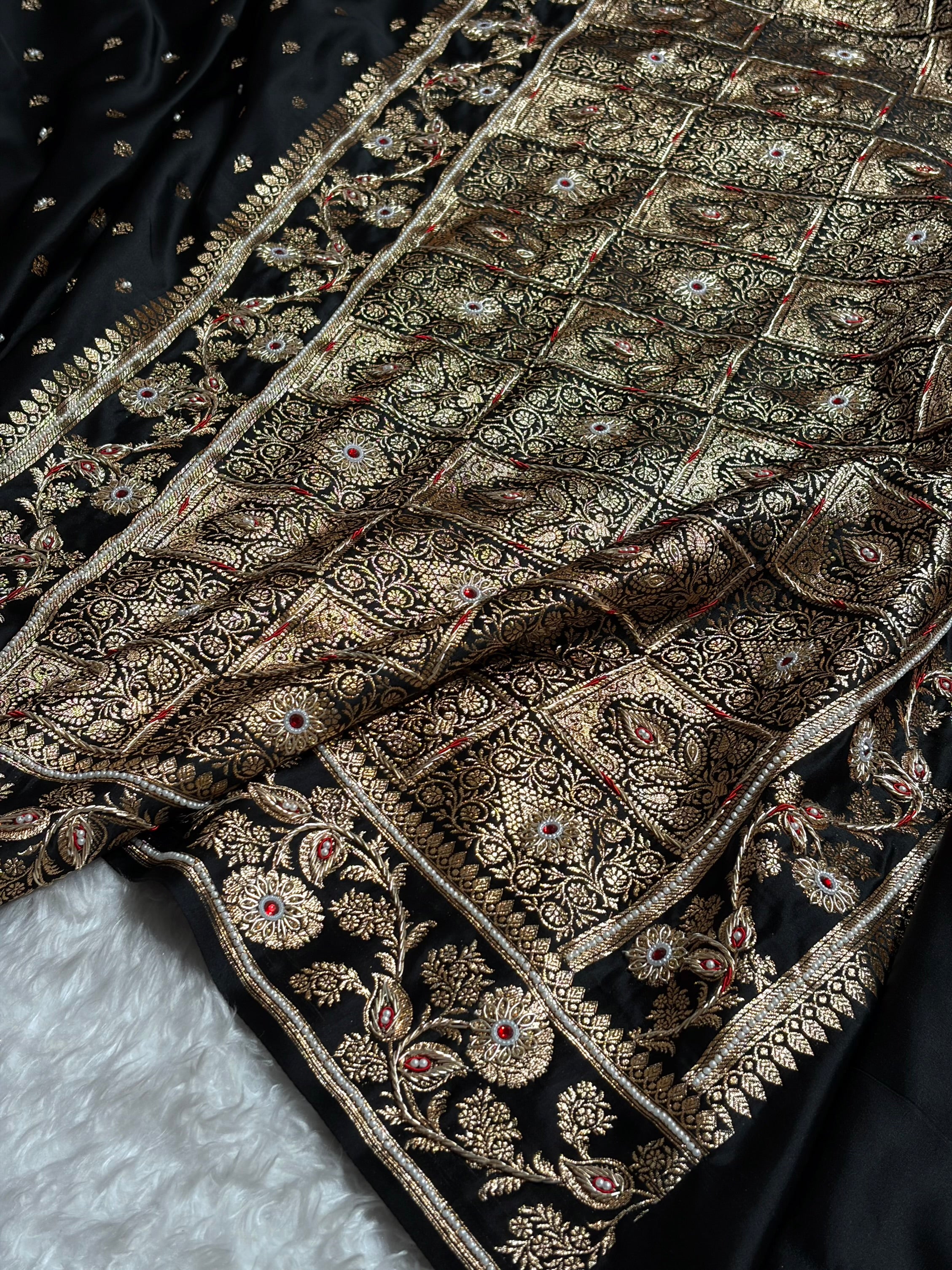 Black Floral Pattern With Aari Zardozi Moti Work Satin Katan Silk Saree BSK77