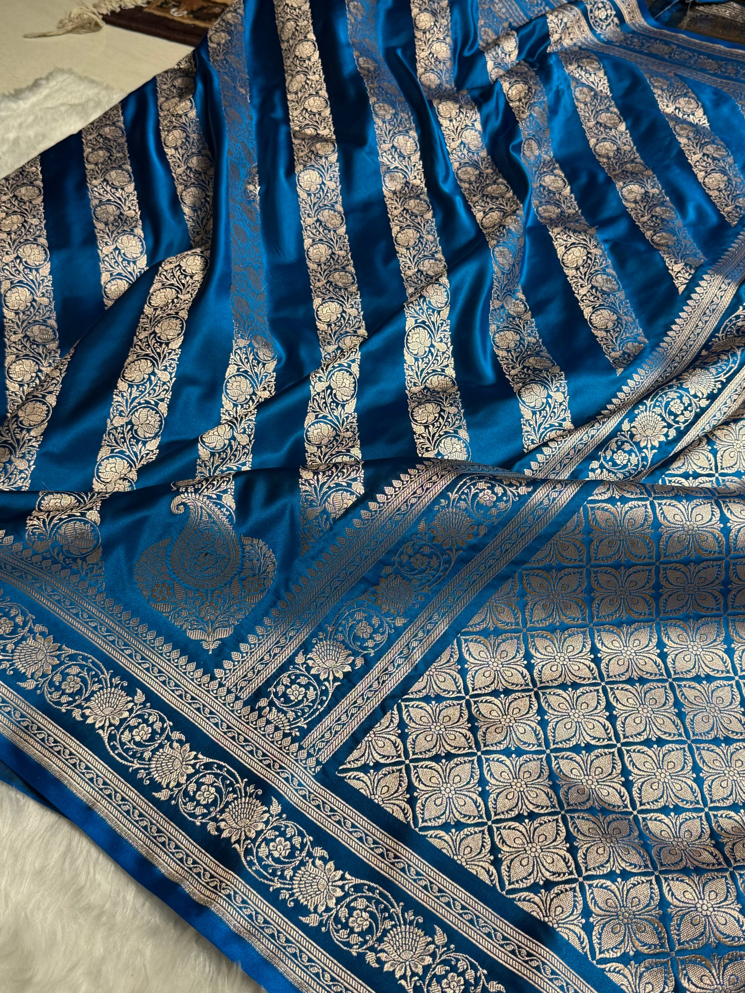 Dark Firozi Shades Banarasi Cross Pattern Floral Mashru Silk Saree MSM-102