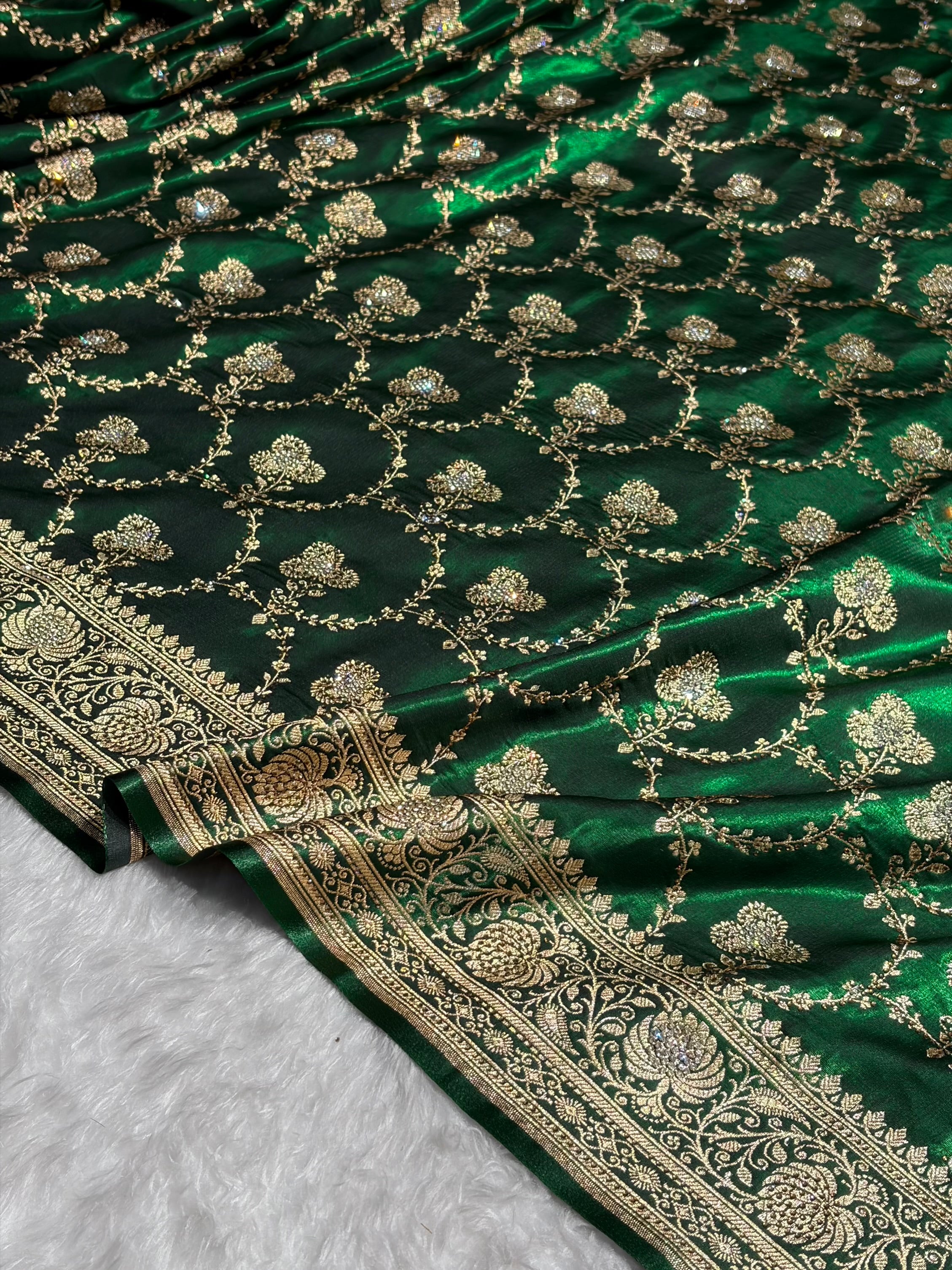 Satin Silk Saree Banarasi Swarovski Work Jaal in Bottle Green Shades BSS23 (R)