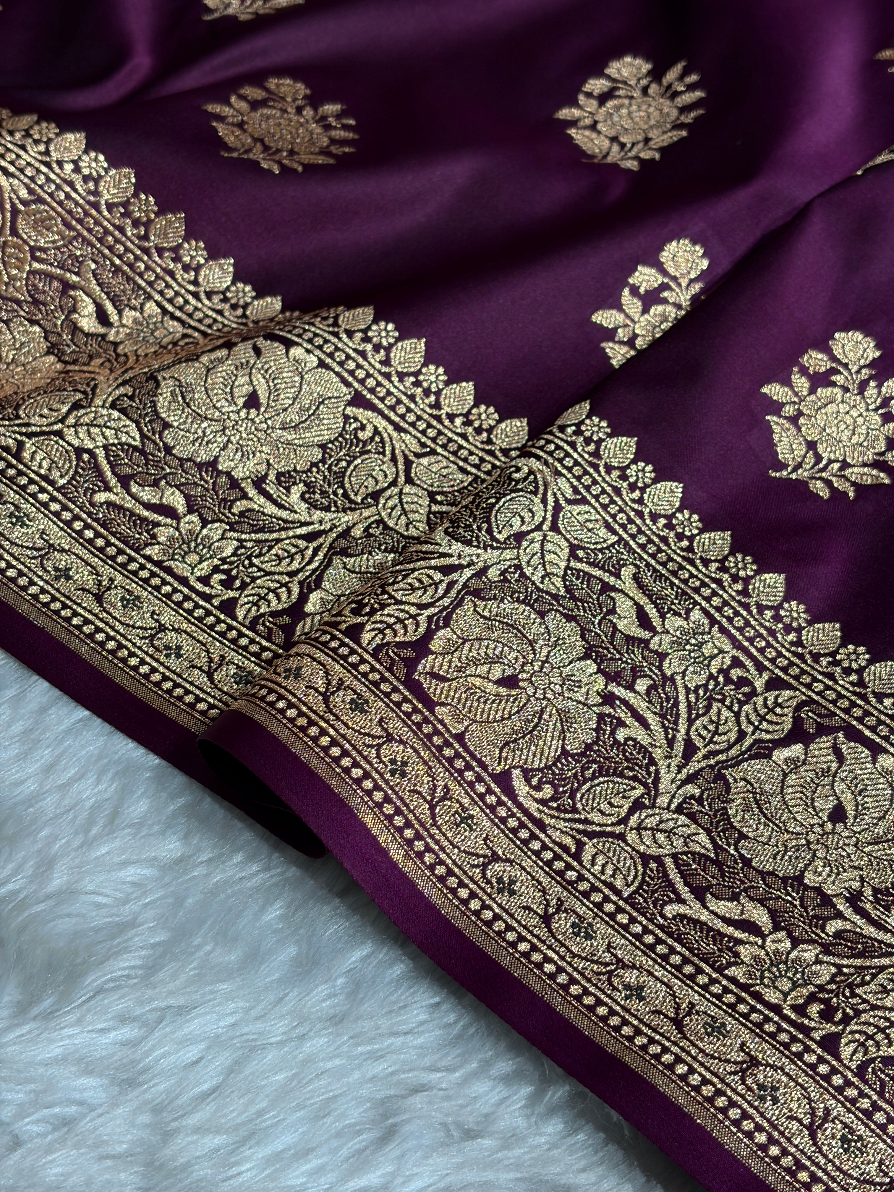 Banarasi Satin Katan Saree Booti Pattern in Wine Shades SK138