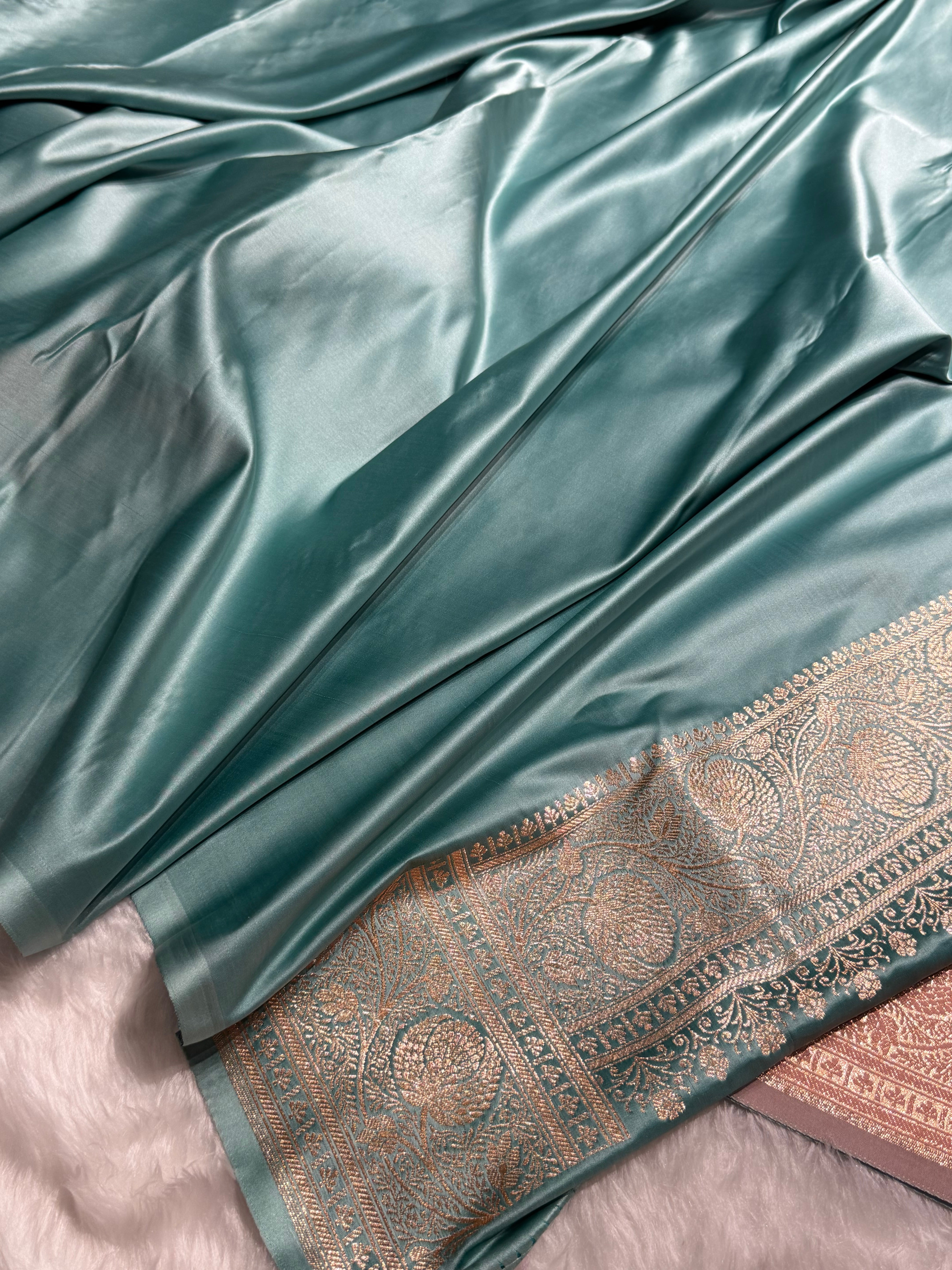 Baby Pink - Turquoise Banarasi Boota Katan Silk Saree SKM29