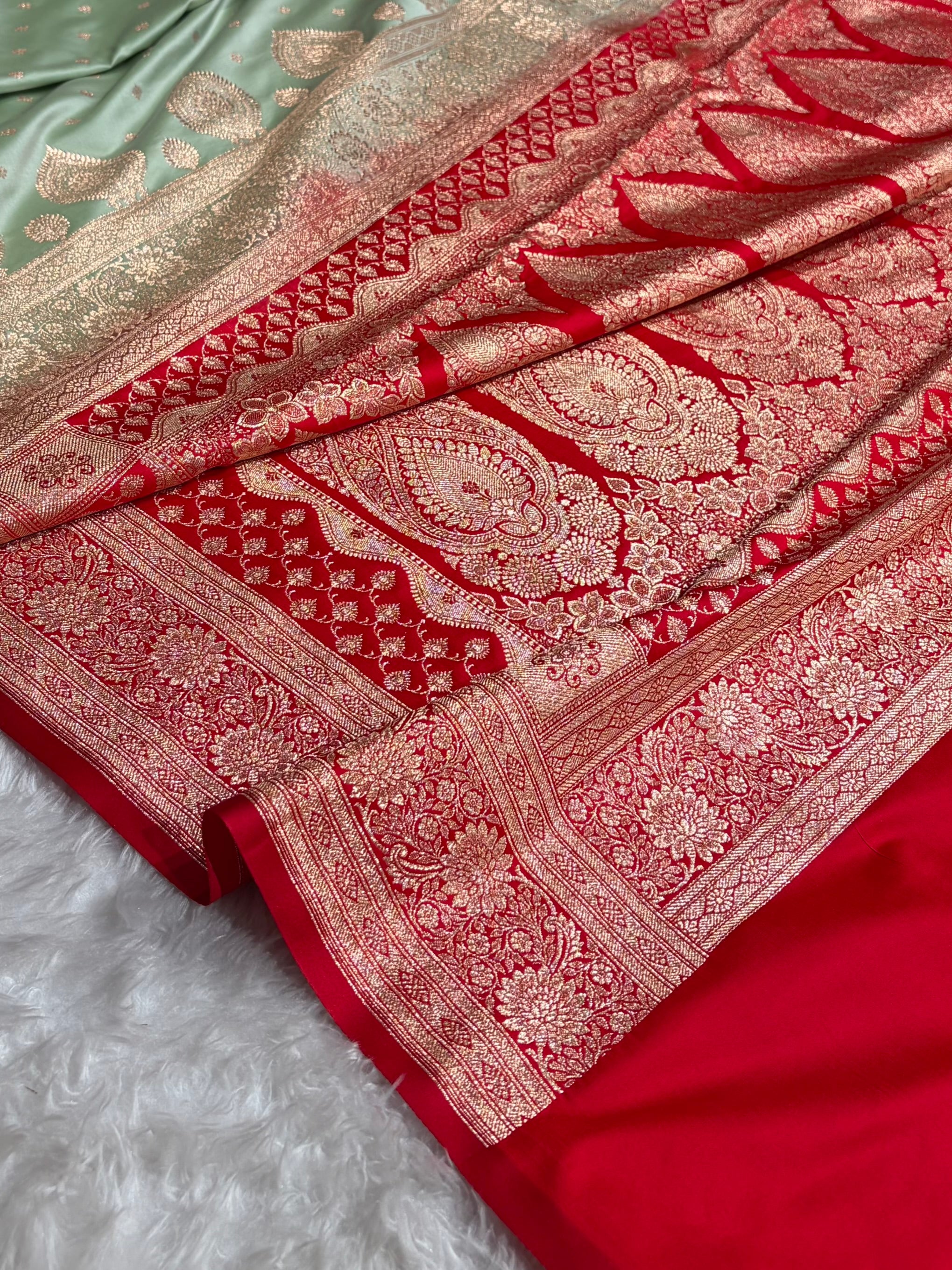 Pista with Red Booti Satin Katan Silk saree SK29
