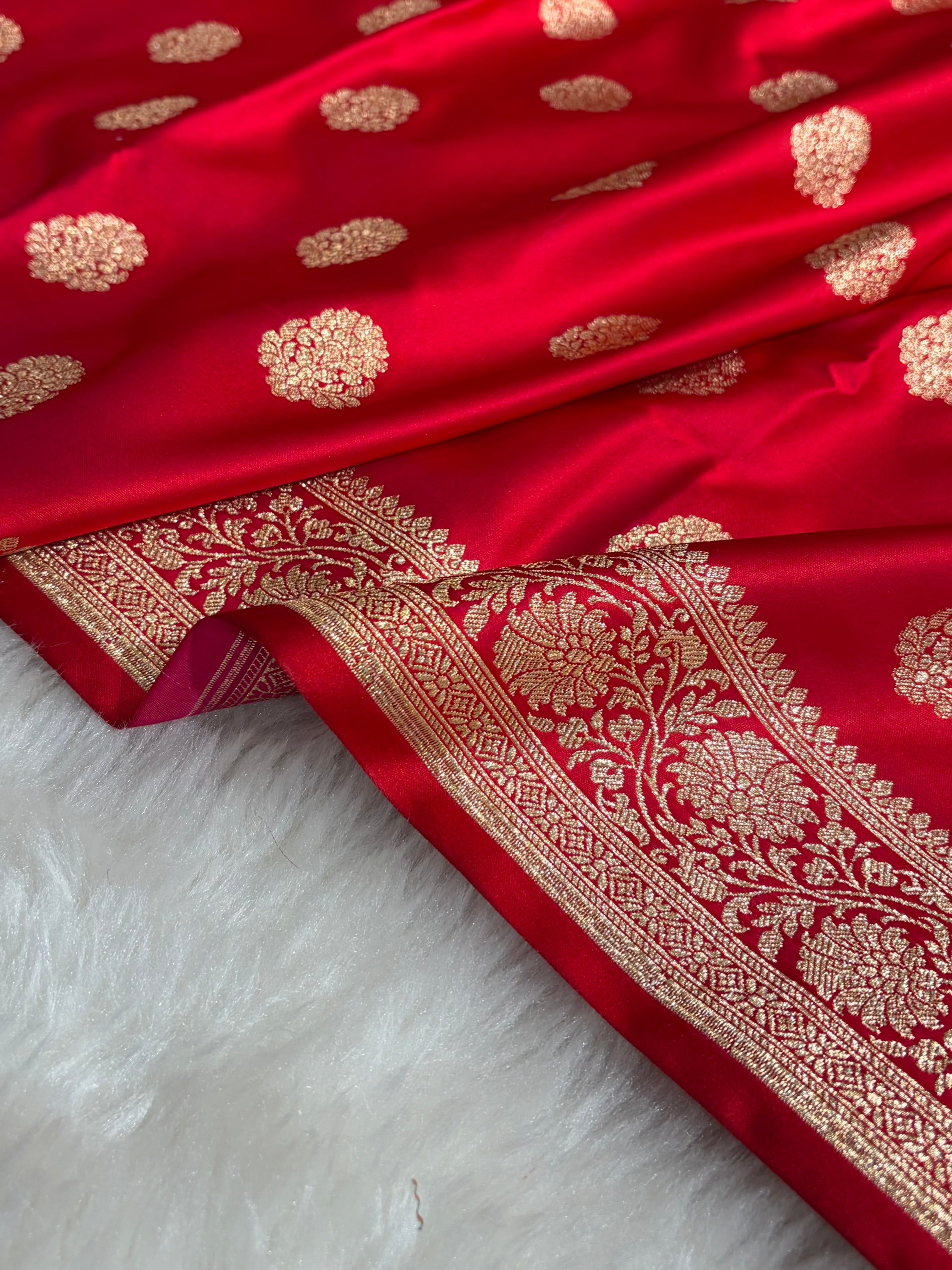 Banarasi Satin Katan Saree With Boota in Red Shades SK109