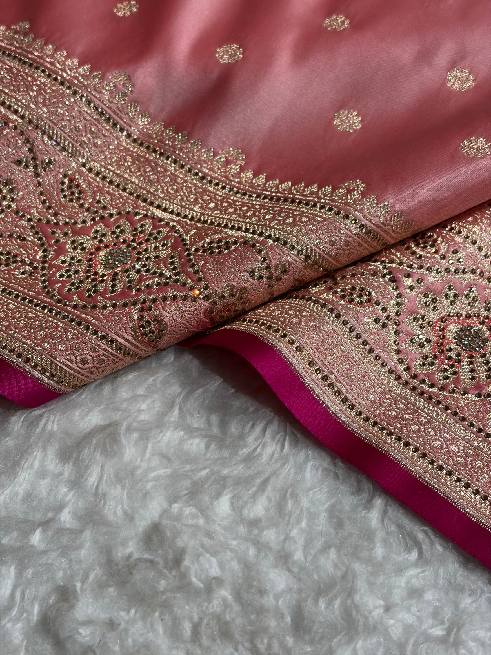 Baby Pink Booti With Swarovski Work Satin katan Silk Saree BSK11