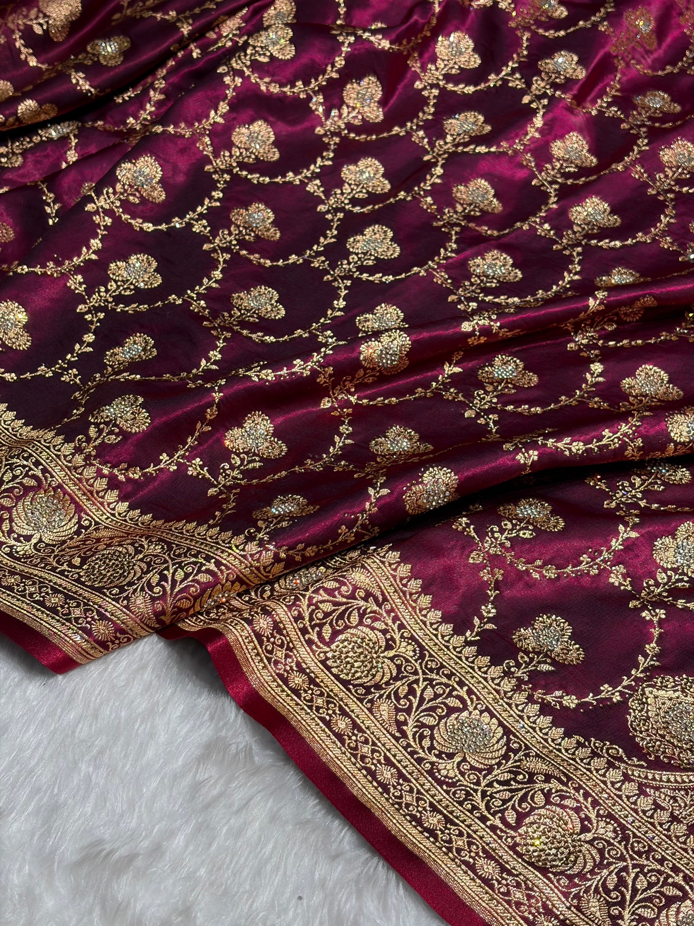 Satin Silk Saree Banarasi Swarovski Work Jaal in Wine Shades BSS23 (R)