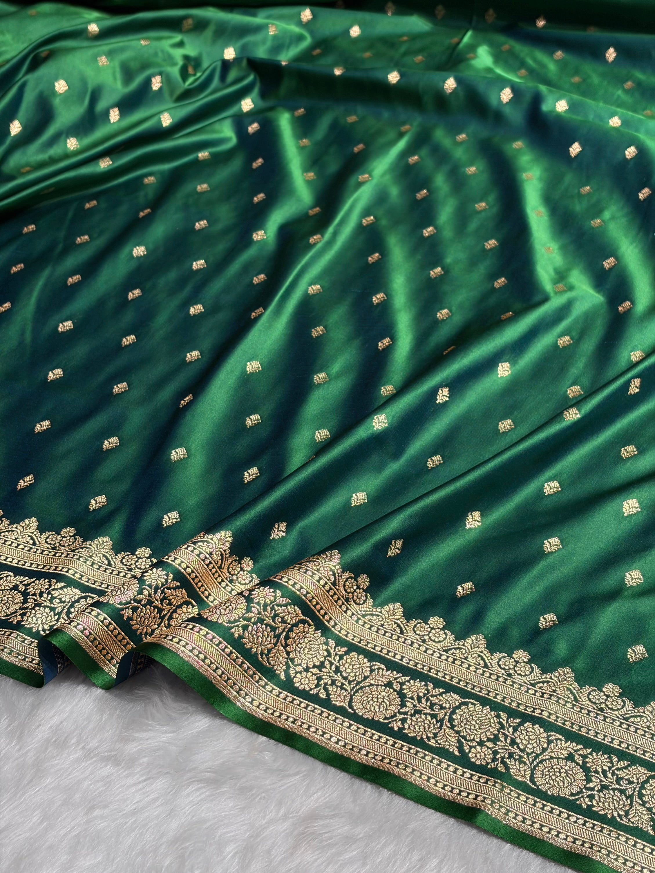 Cross Green Shades Booti Pattern Satin Katan Silk Saree SK51