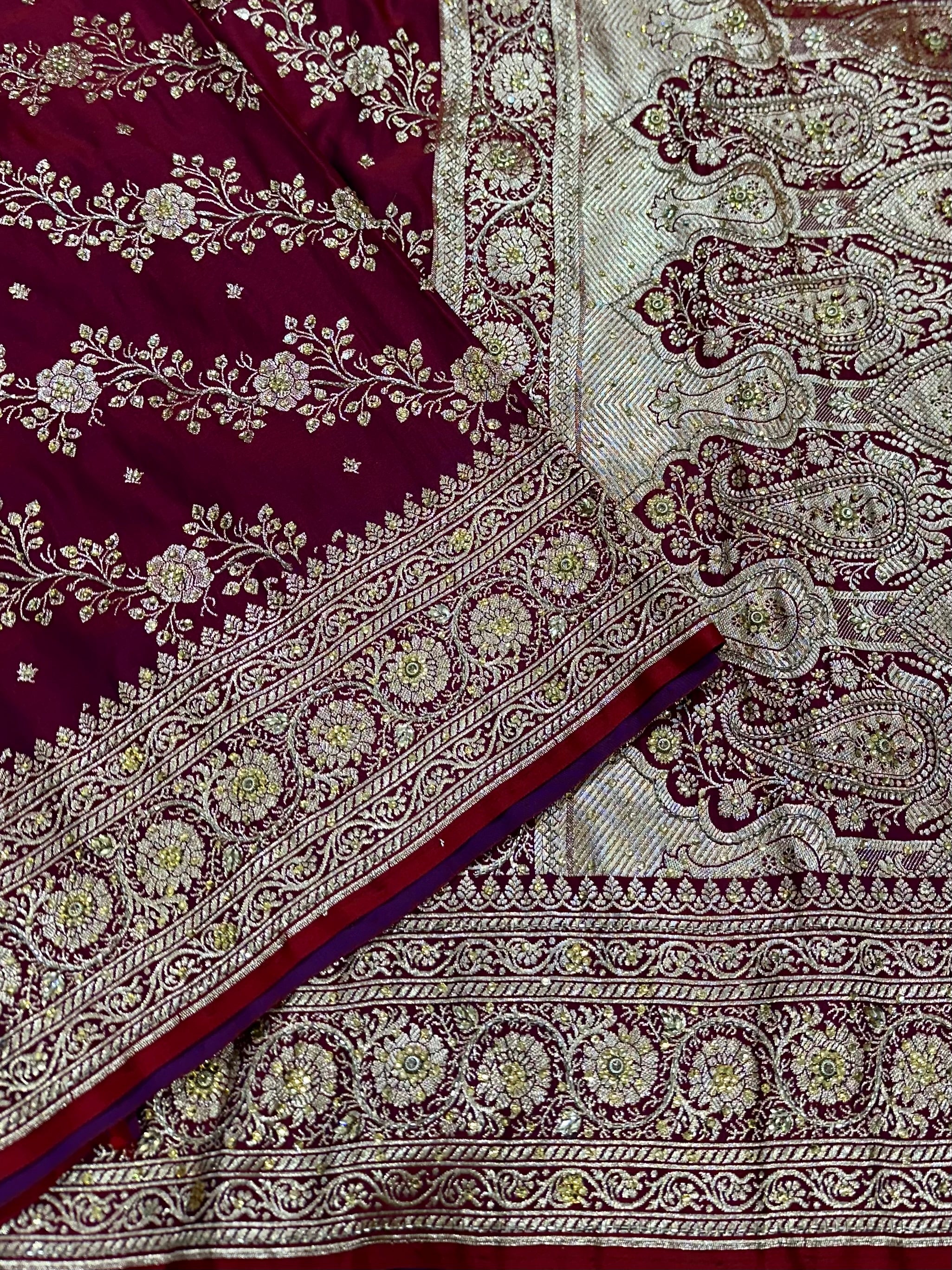 Metallic Red Katan Silk Saree with Ari and Stone Work