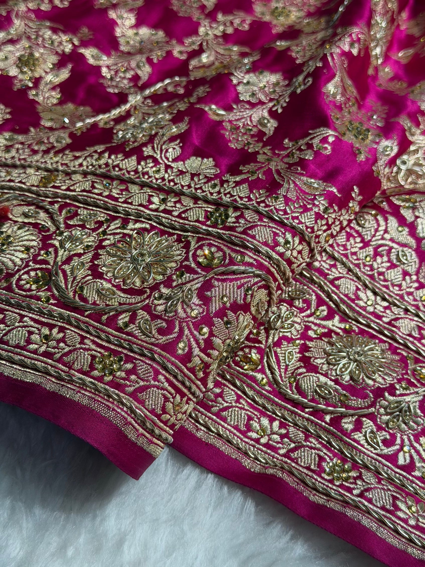 Pure Handloom Bridal Rani Katan Silk Banarasi Saree with Zardozy, Ari and Stone work PBSK01