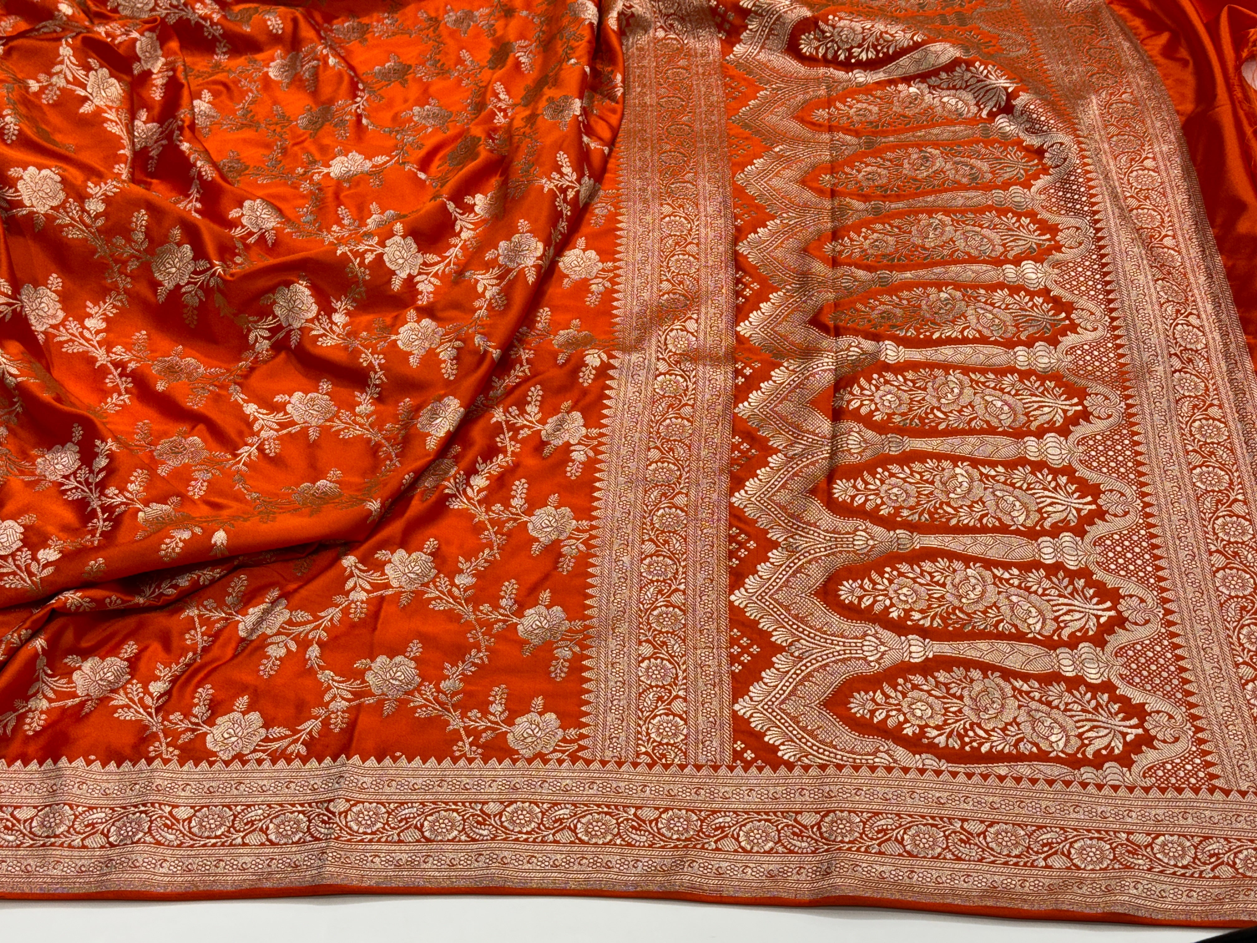 Orange Floral Jaal Mashru Silk Saree