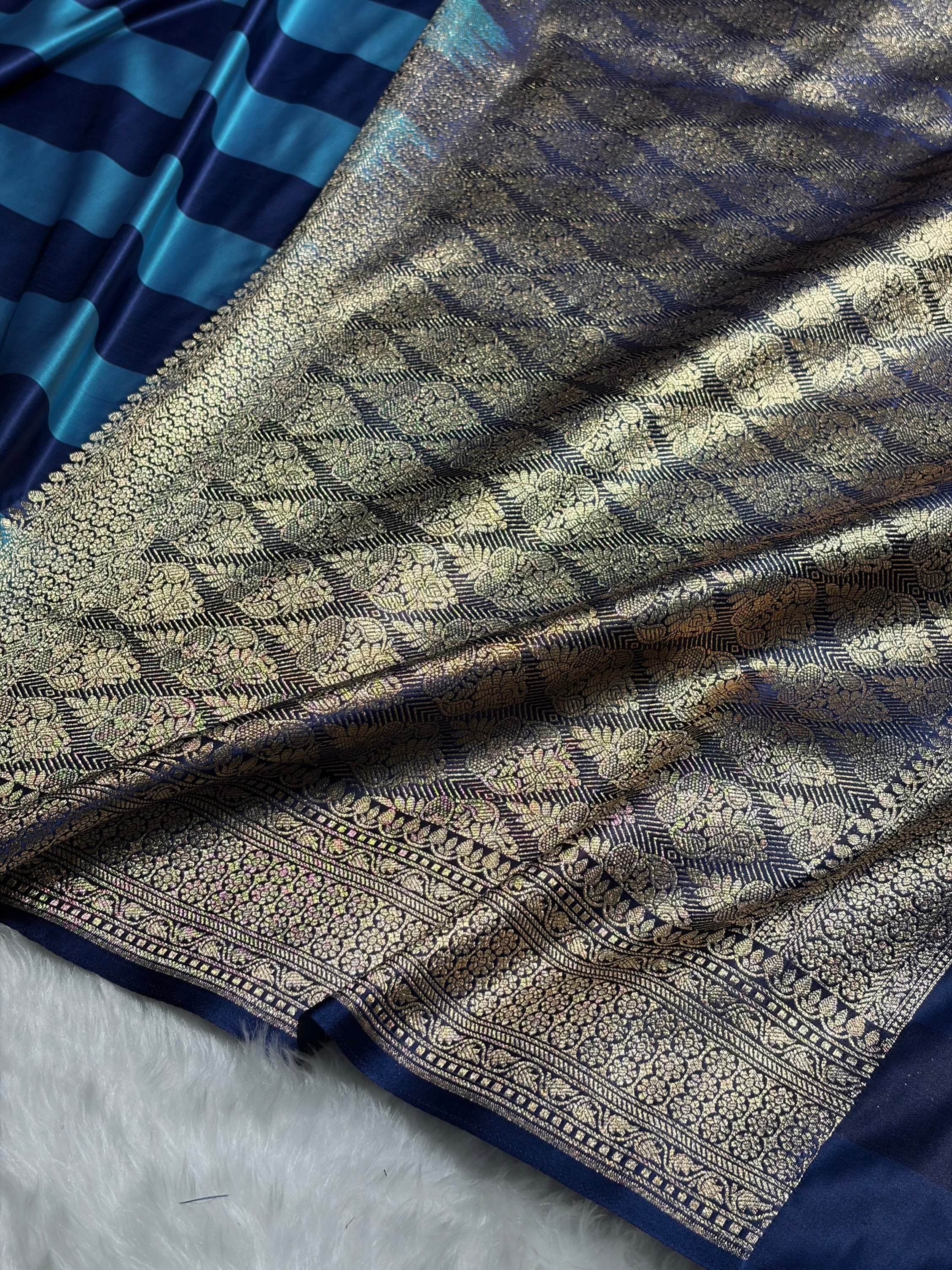 Sly Blue With German Blue Horizontal Strips Floral Border & Brocket Blouse Mashru Silk Saree MSM-84