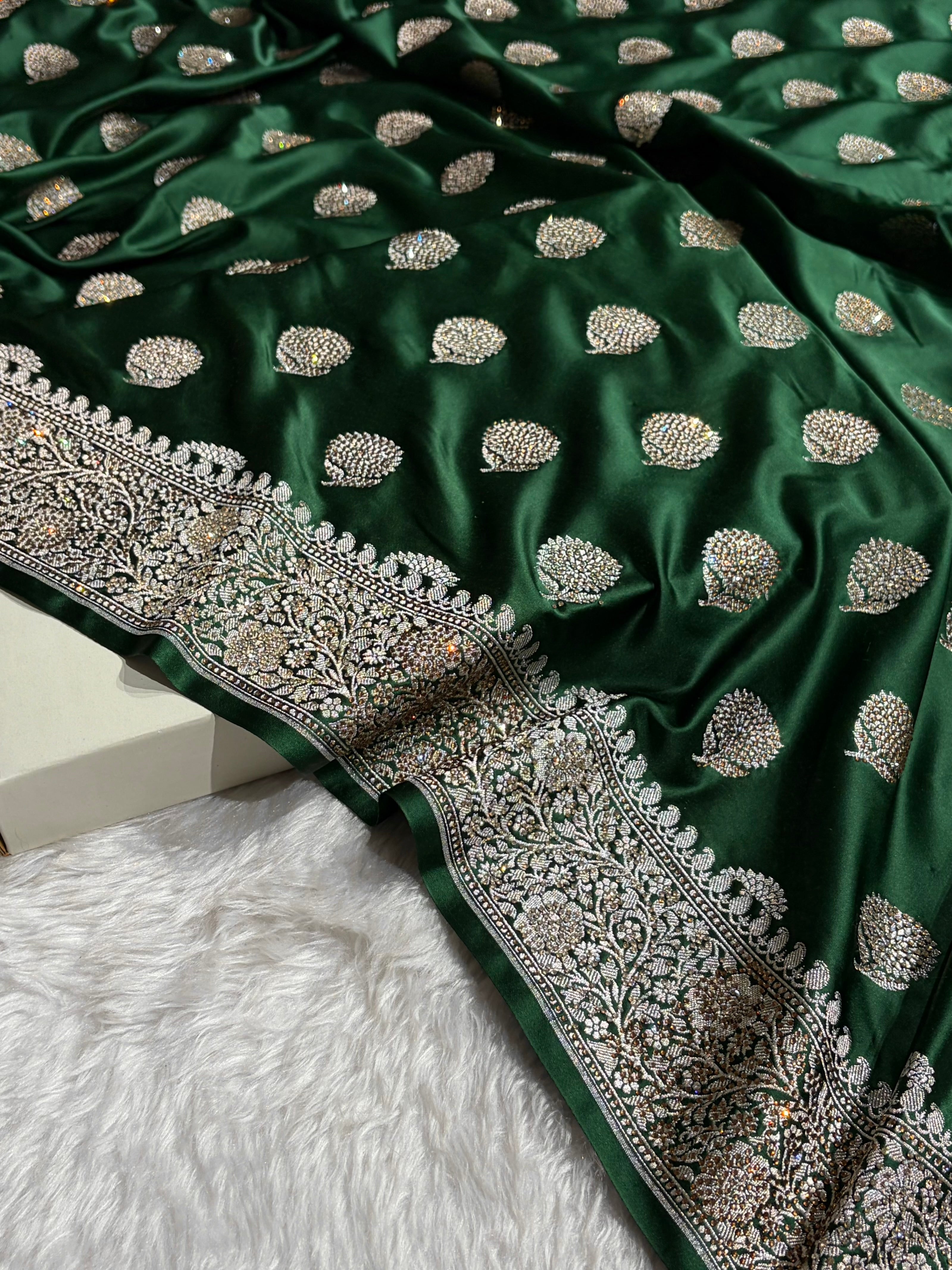 Bottle Green Tree Boota With Swarovski Work Mashru Silk Saree BMS19