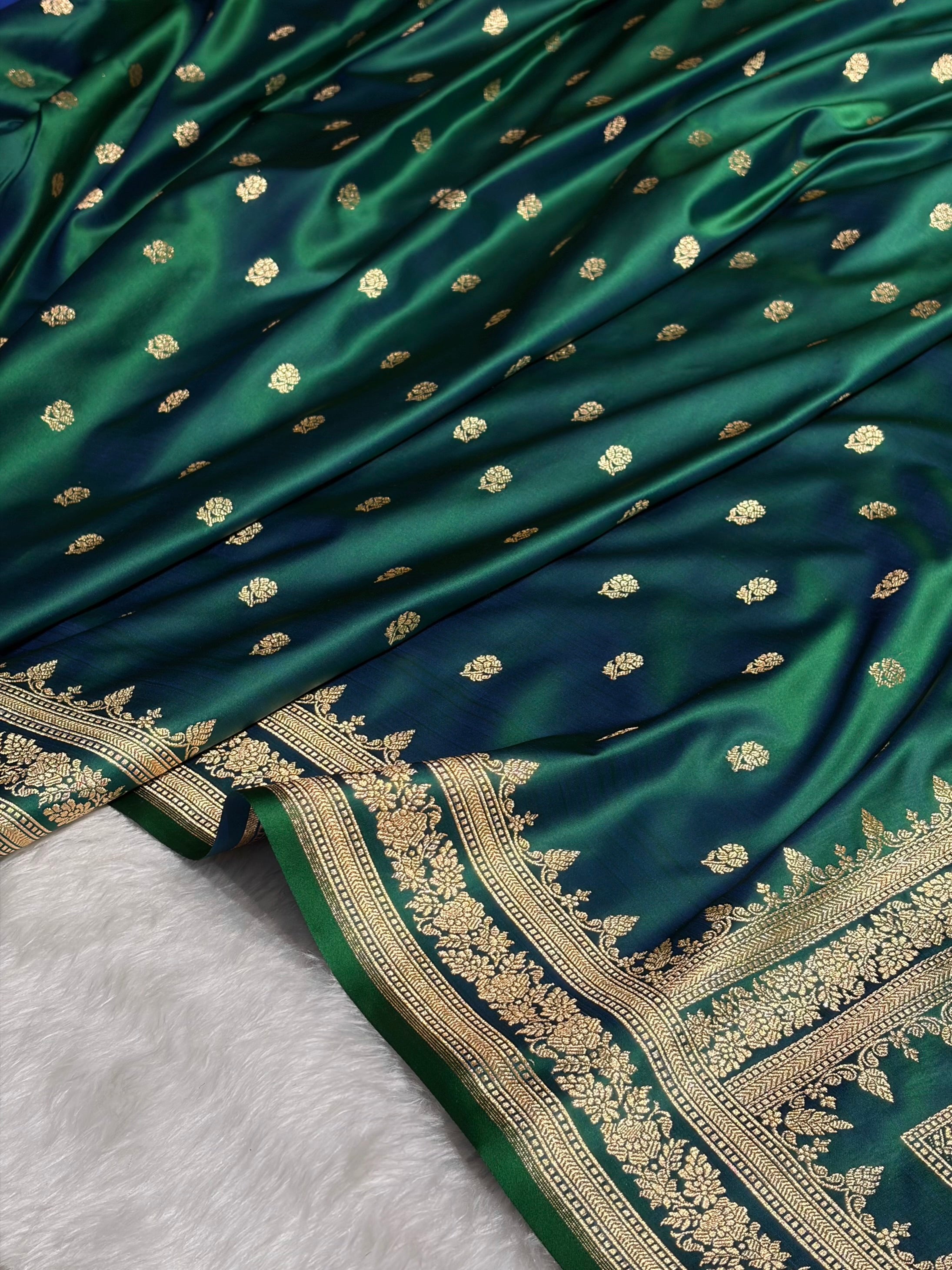 Cross Green Floral Pattern Satin Katan Silk Saree SK76