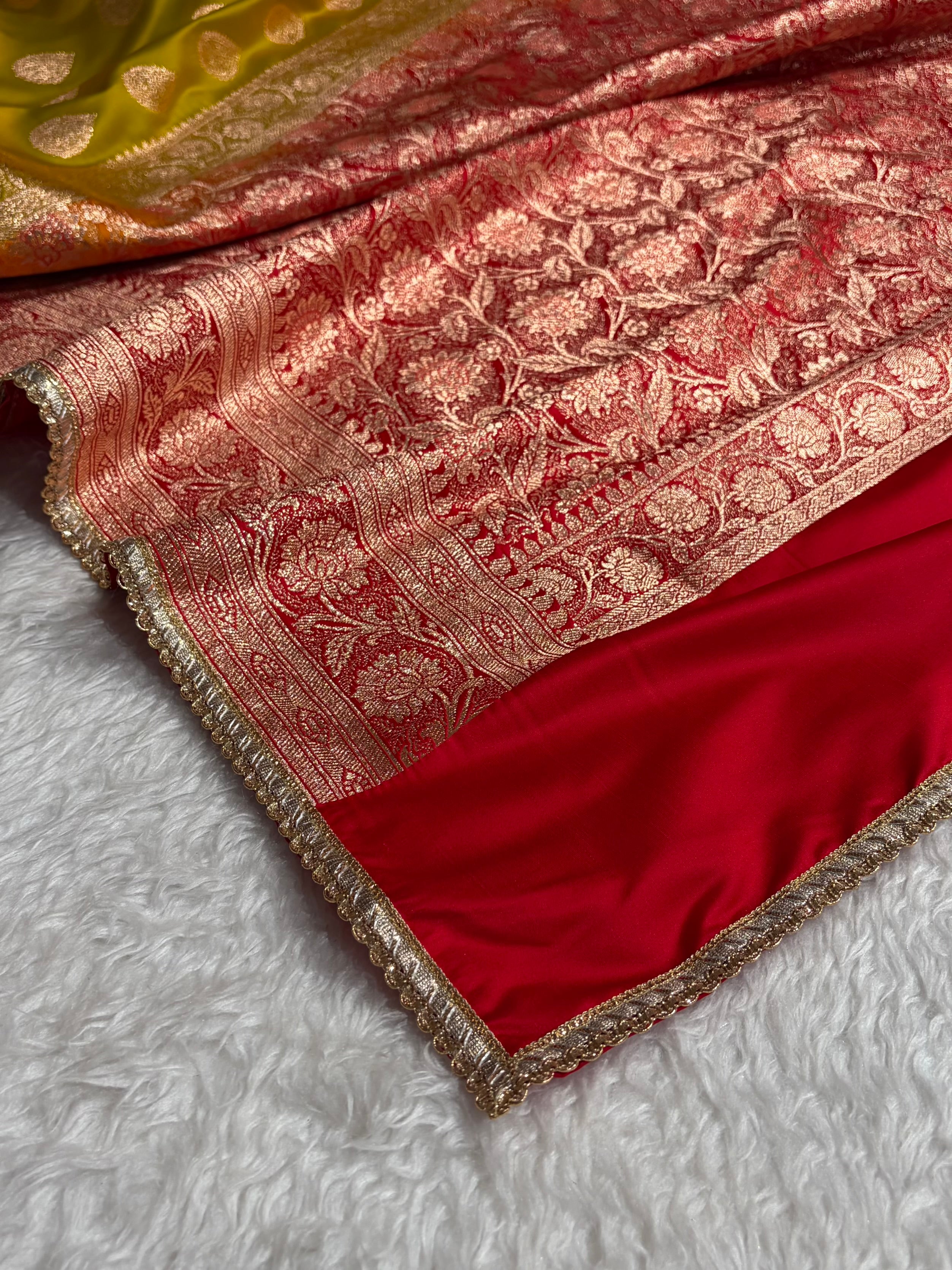 Olive Green-Red Contrast With Banarasi Gotta Patti Boota Katan Silk Saree SKMGP14