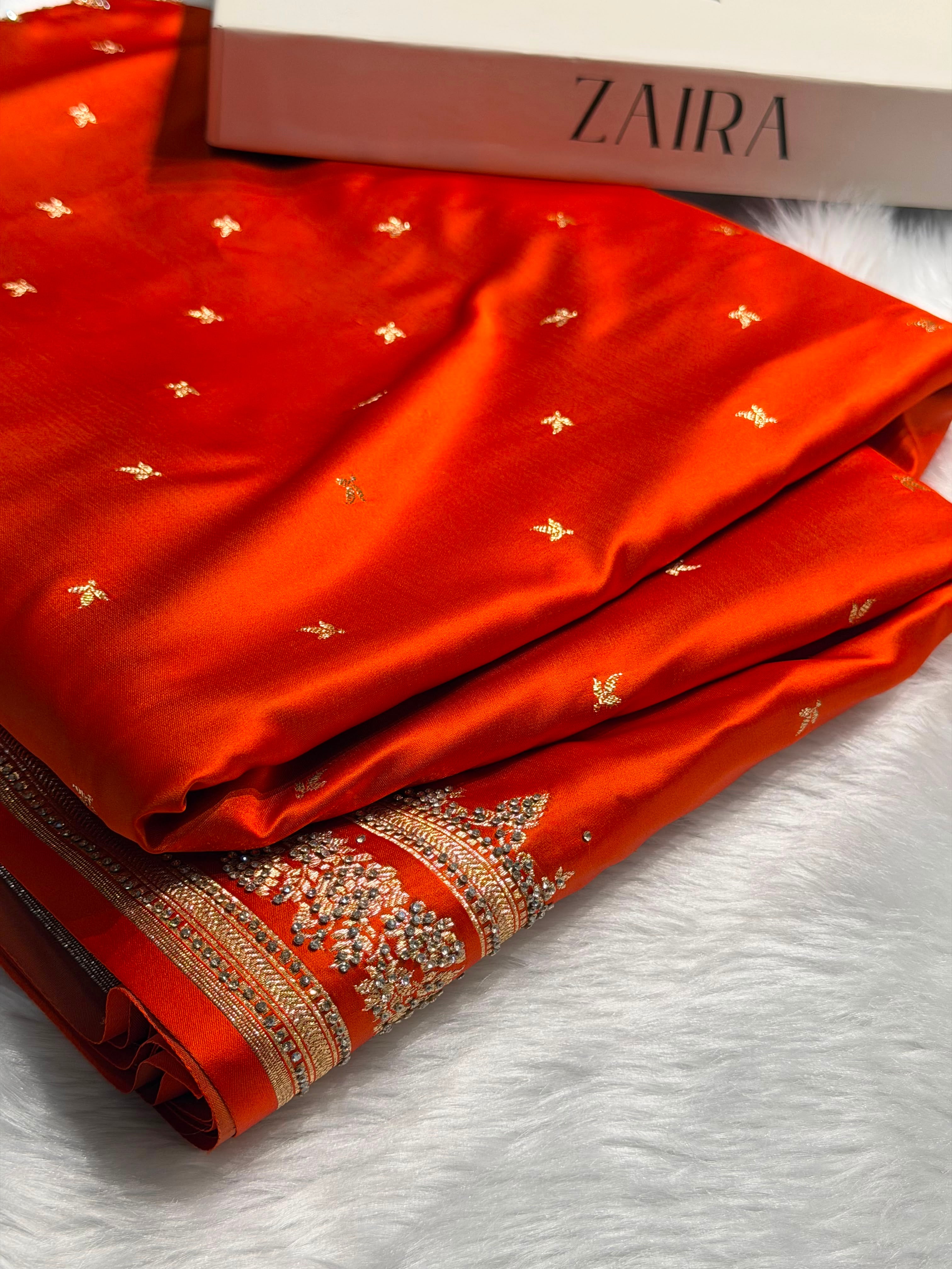 Rusty Orange Banarasi Swarovski Work Booti Katan Silk Saree BSKM17